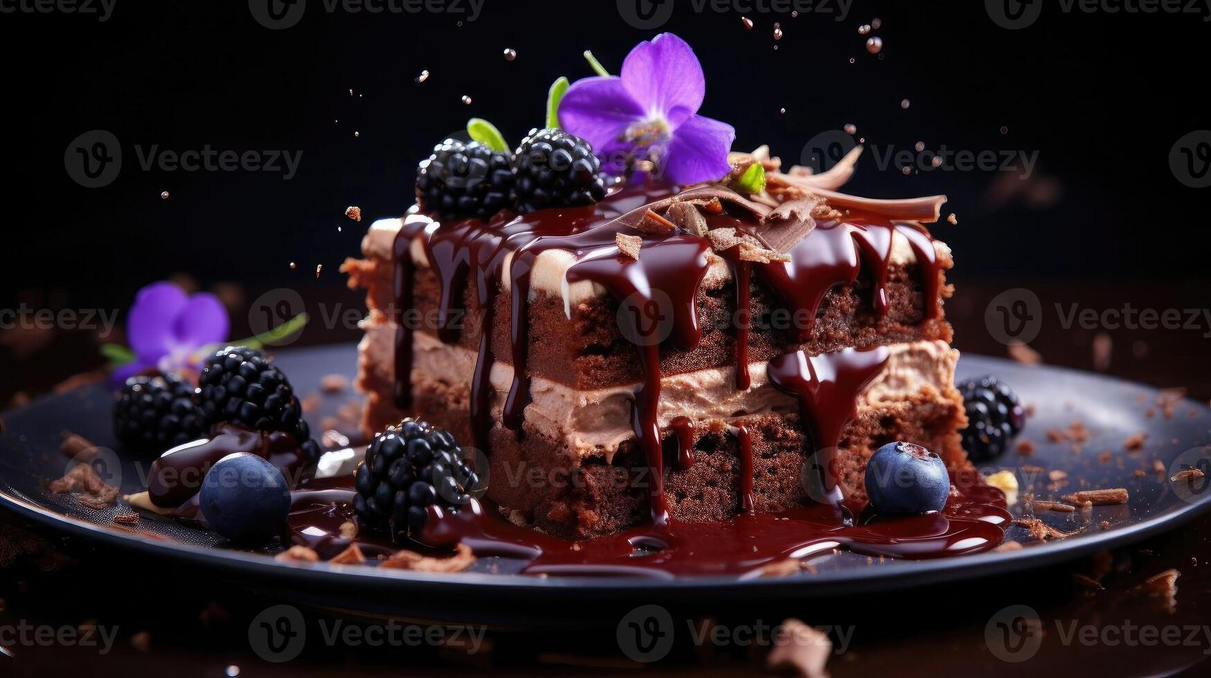 ai generato cioccolato torta con fuso dolce cioccolato e pezzi di frutta su un' piatto, ai generato foto