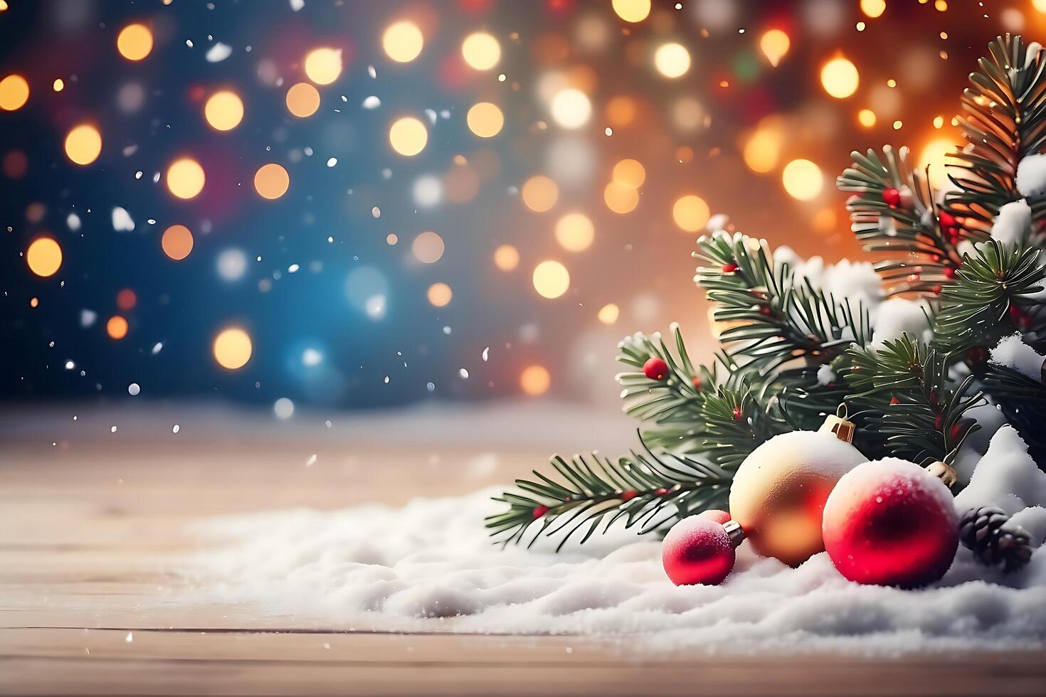 ai generato Natale vacanza sfondo con neve, abete albero e decorazioni con Natale leggero dietro a foto