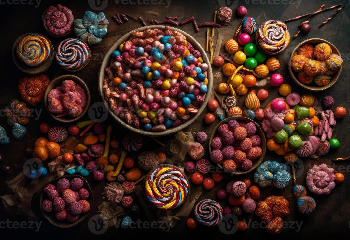 ai generato colorato caramelle e cioccolatini. un' tavolo sormontato con molte di diverso tipi di caramelle foto