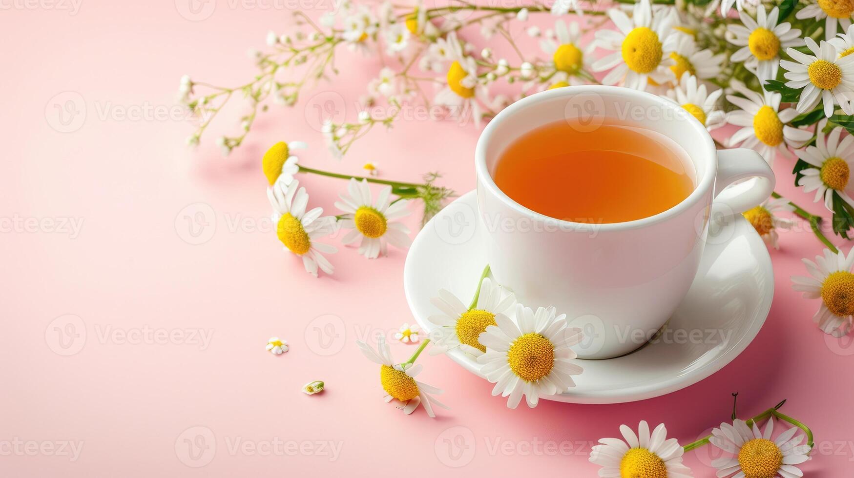 ai generato un' tazza di delizioso camomilla tè impostato contro un' rosa sfondo, con spazio per testo, ai generato. foto