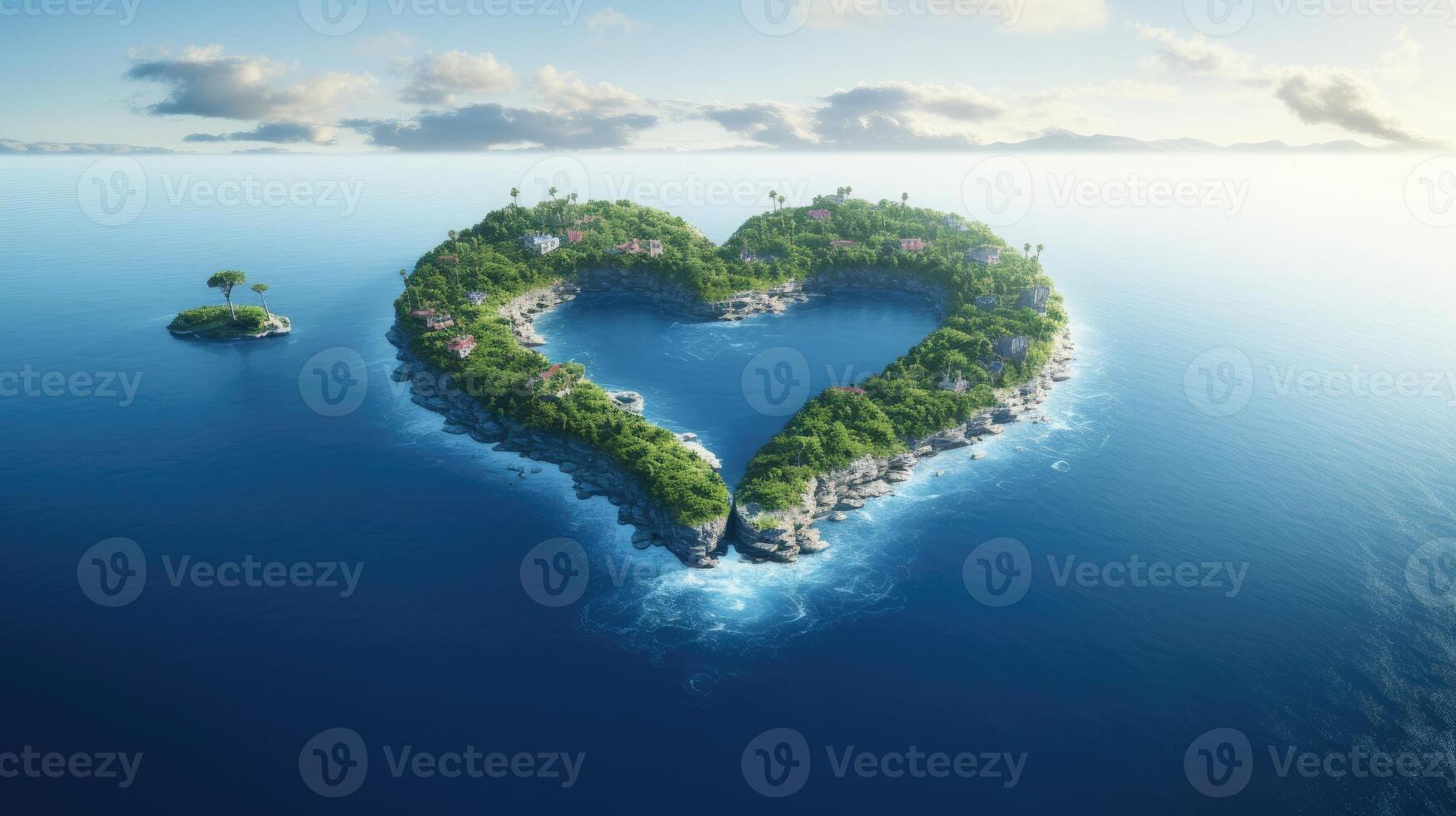 ai generato a forma di cuore isola nel il blu oceano, un' unico e romantico isola concetto, ai generato foto