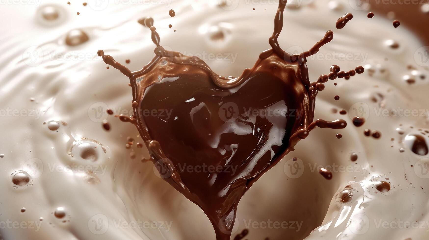 ai generato un' cioccolato cuore emergente a partire dal un' latte spruzzata, servendo come un' romantico cibo simbolo per San Valentino giorno, ai generato foto