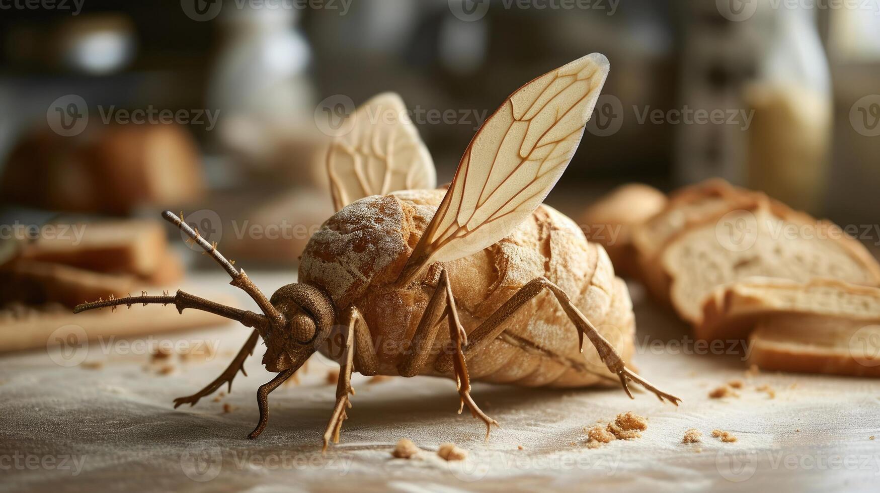 ai generato unico pane pagnotta somigliante un zanzara riposo su un' di legno tavolo, ai generato foto