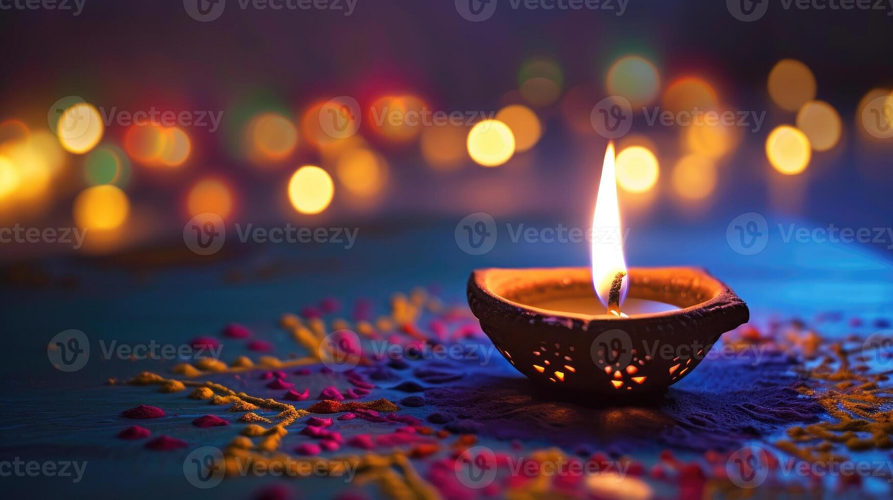 ai generato diya lampada ardente a notte, festeggiare il gioioso Diwali Festival con olio lampada illuminazione ai generato foto