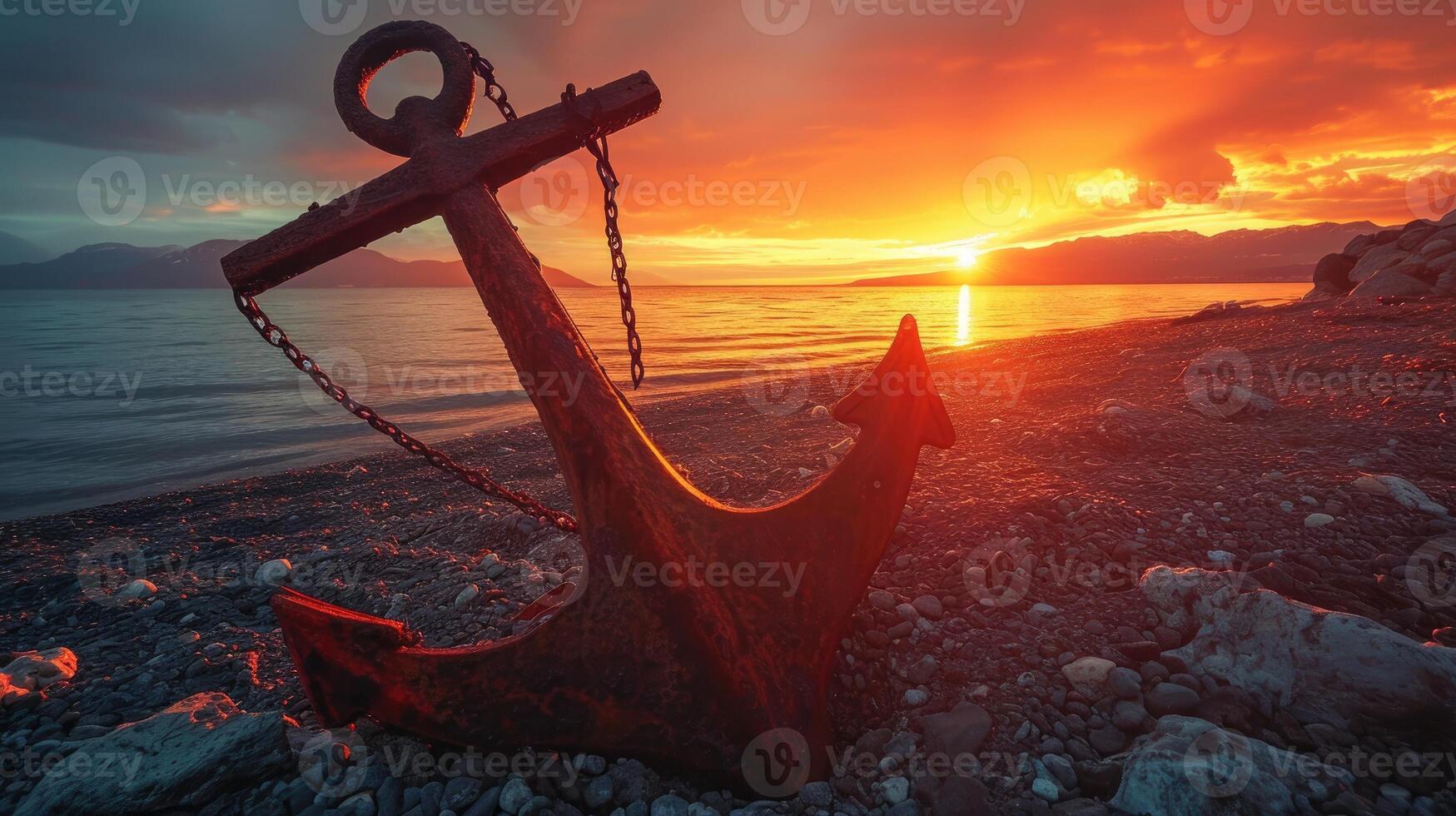 ai generato a tramonto, un ancora riposa su il sabbioso spiaggia, un' simbolo di marittimo la tranquillità, ai generato foto