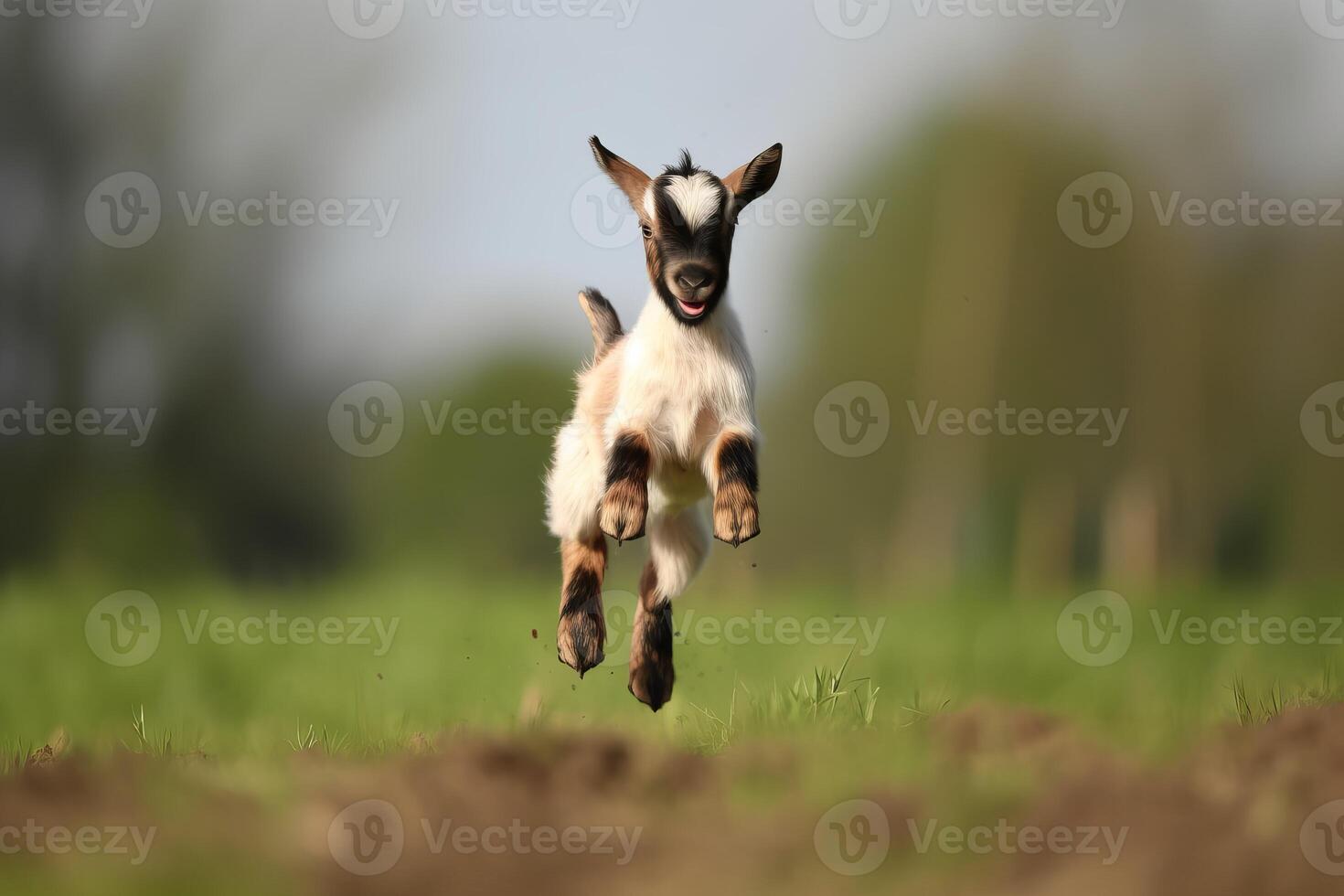 ai generato giocoso salto bambino capra nel verde campo. creare ai foto
