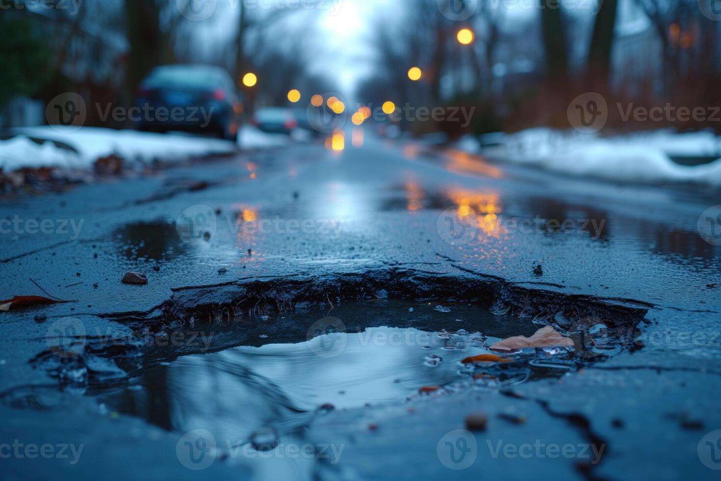 ai generato strada crepa nel il strada e auto in movimento su asfalto superficie foto