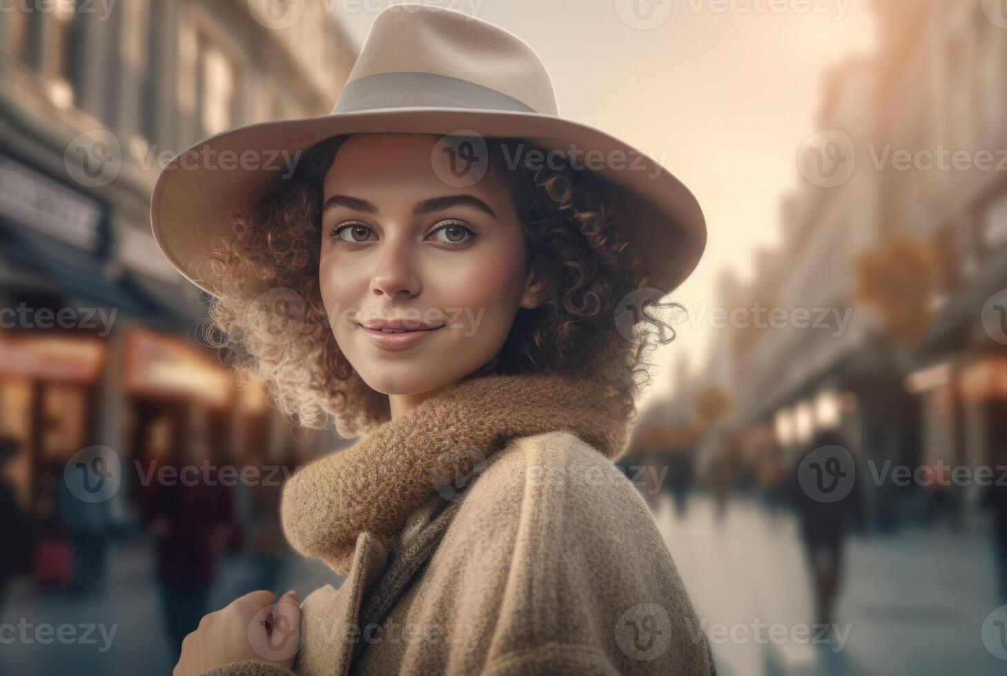 ai generato alla moda giovane Riccio donna con cappello in posa su urbano strada. creare ai foto