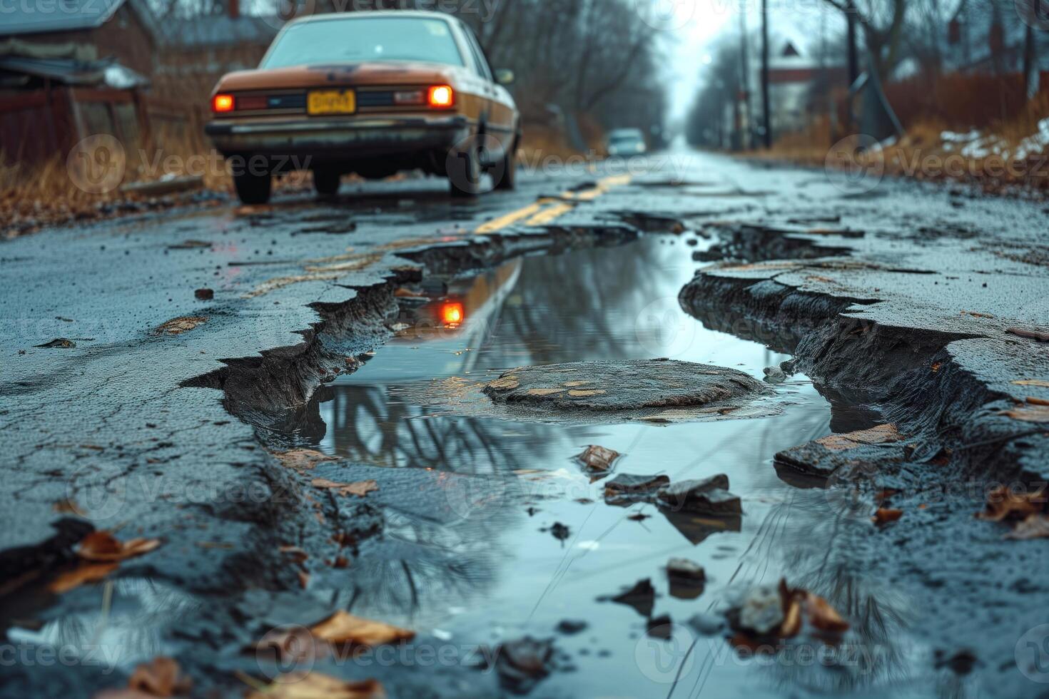 ai generato strada crepa nel il strada e auto in movimento su asfalto superficie foto