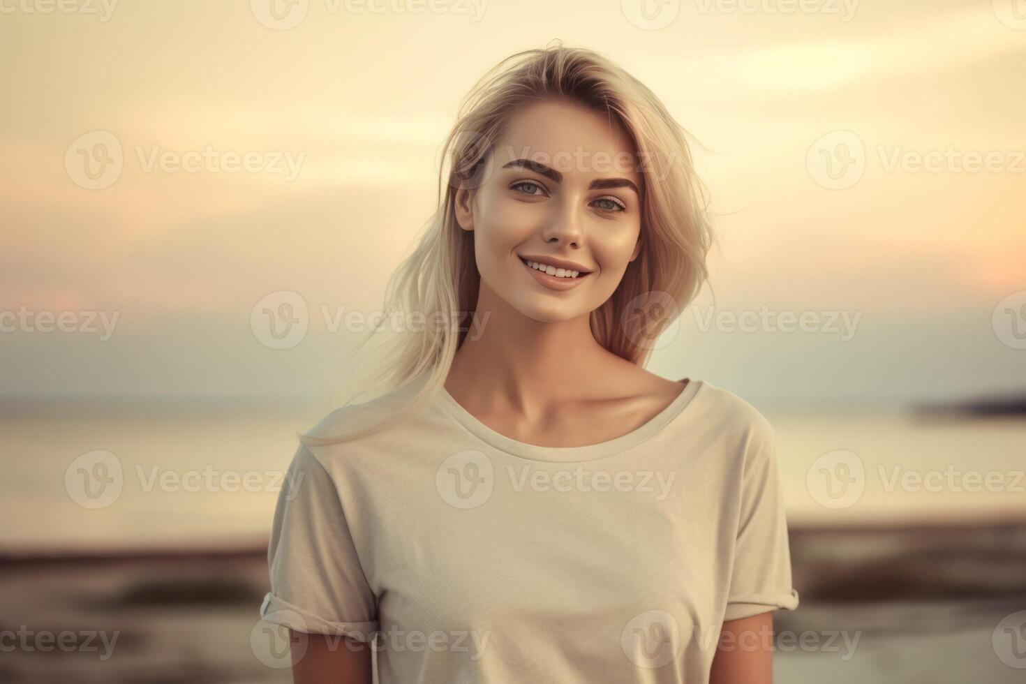 ai generato sorridente bionda ragazza a tramonto spiaggia. creare ai foto