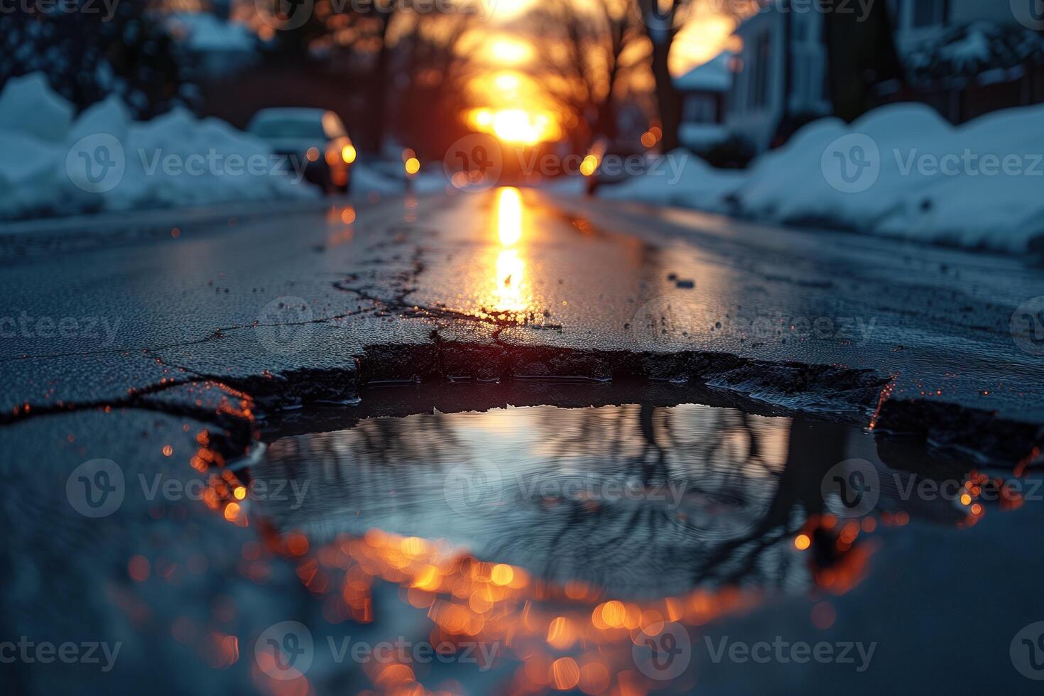 ai generato strada crepa nel il strada e auto in movimento su asfalto superficie foto