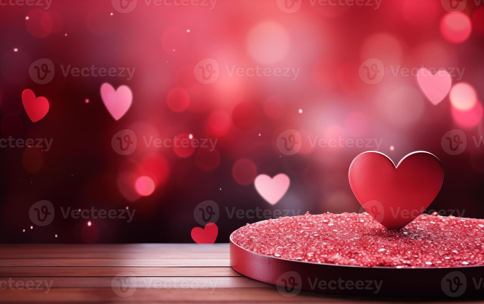 ai generato vuoto legna pietra podio tavolo San Valentino giorno rosso sfondo con del cuore foto