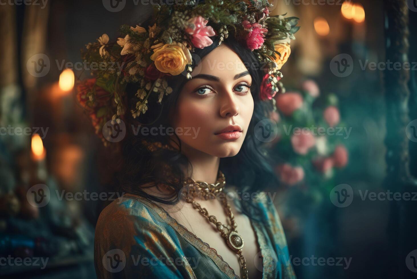 ai generato donna Fata fiori medievale stile. creare ai foto