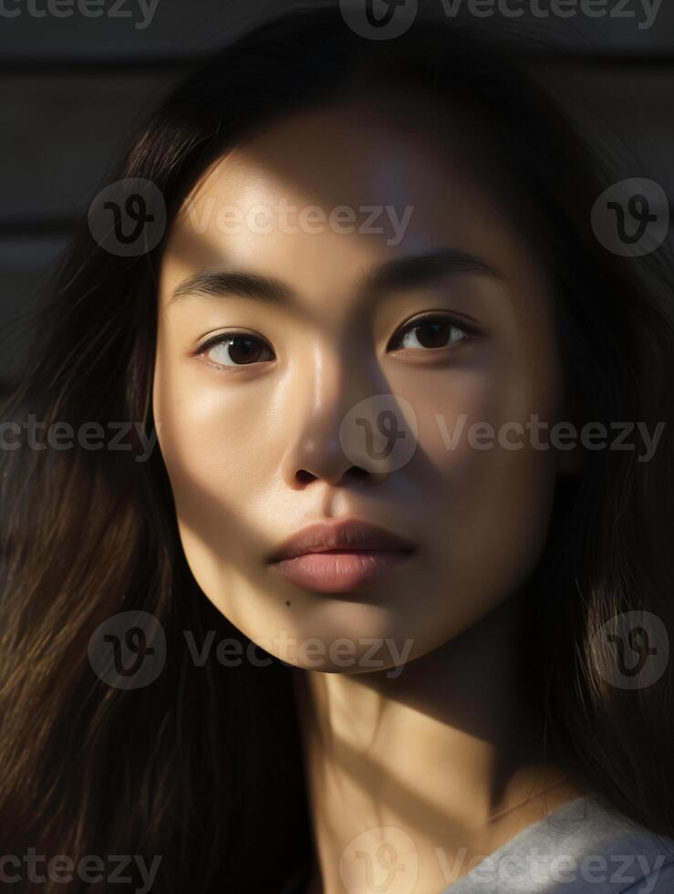ai generato ritratto di un' giovane asiatico donna con pelle dettagli avvicinamento. naturale bellezza di un' carino modello foto