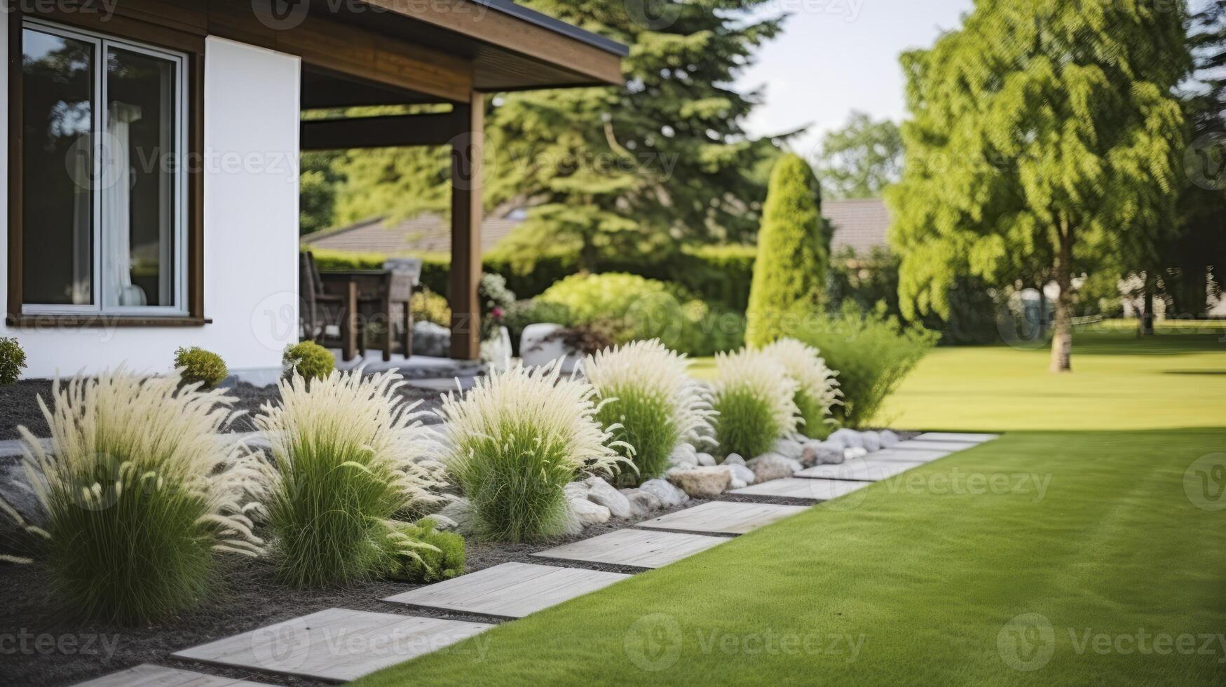 ai generato giardino grazia - giardino con verde erba e quattro cespugli Il prossimo per un' Casa foto