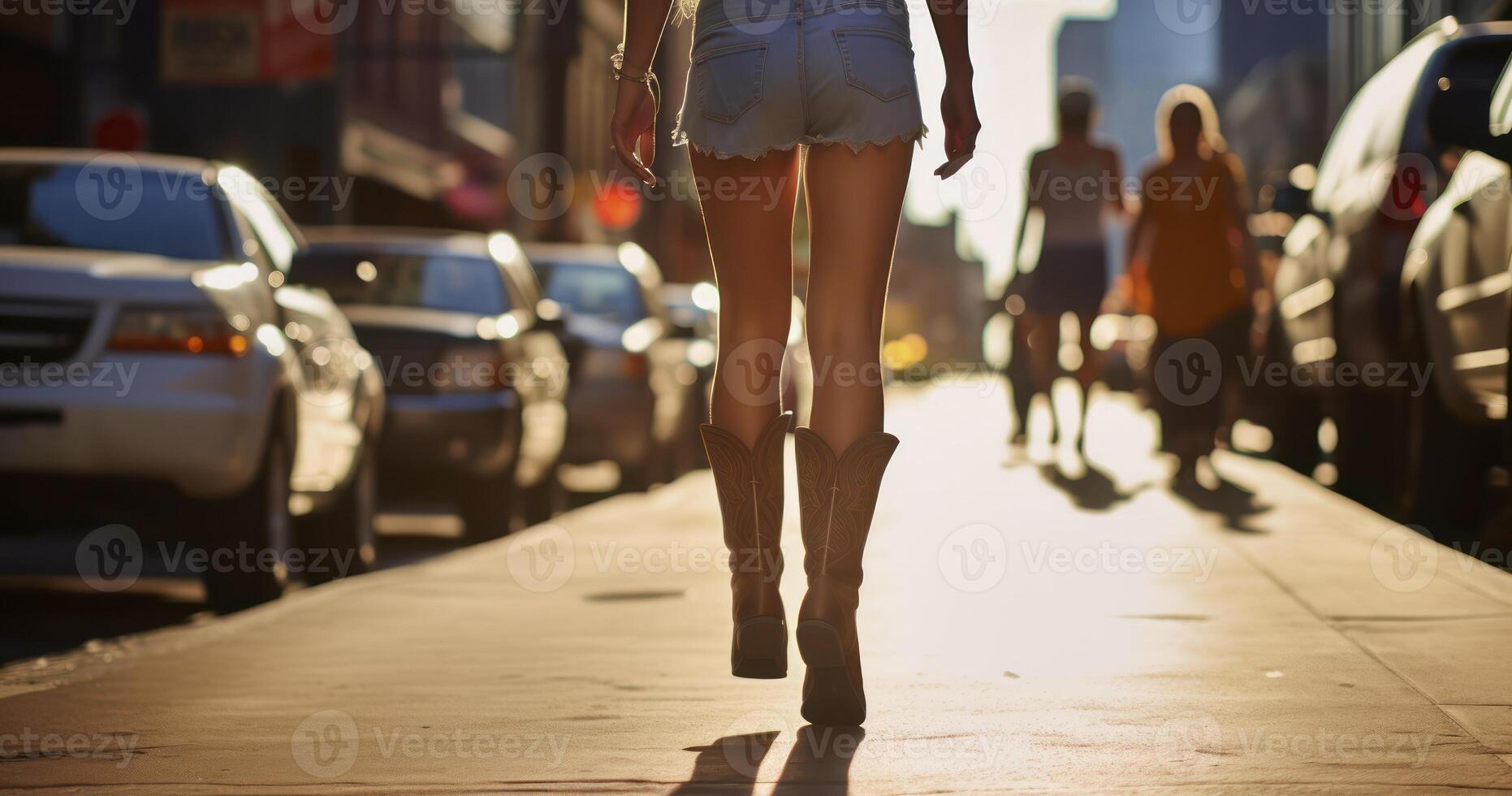 ai generato un' ragazze passeggiare nel cowboy stivali lungo del centro inferiore broadway foto