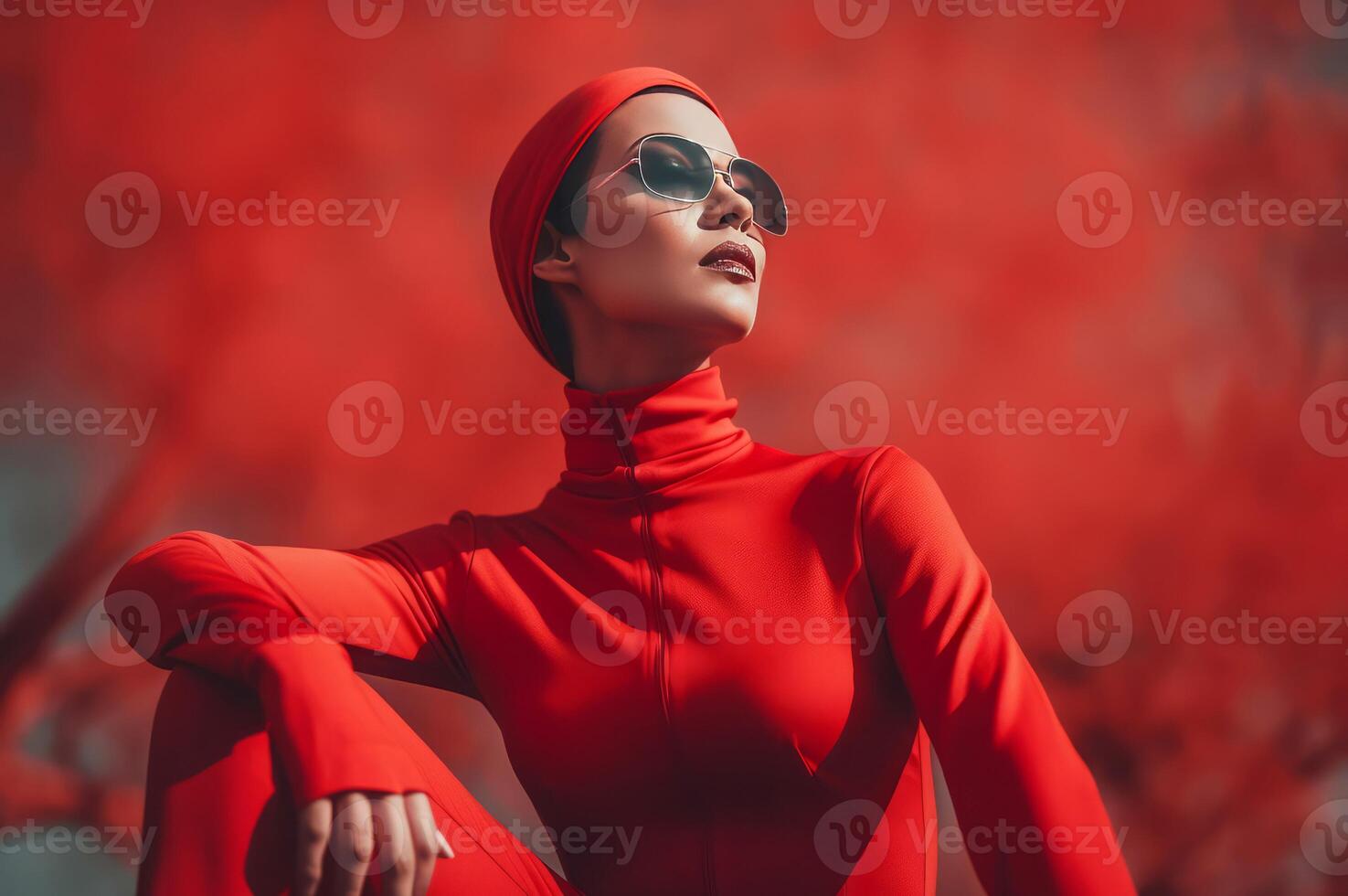 ai generato affascinante donna con occhiali da sole nel rosso tuta. creare ai foto