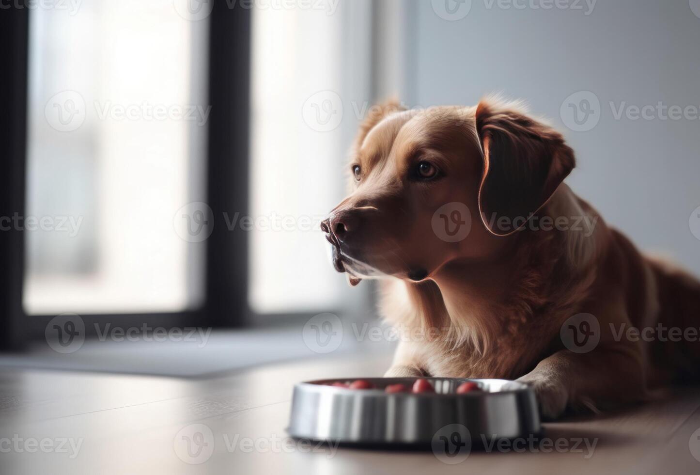 ai generato cane dire bugie vicino asciutto cibo ciotola. creare ai foto