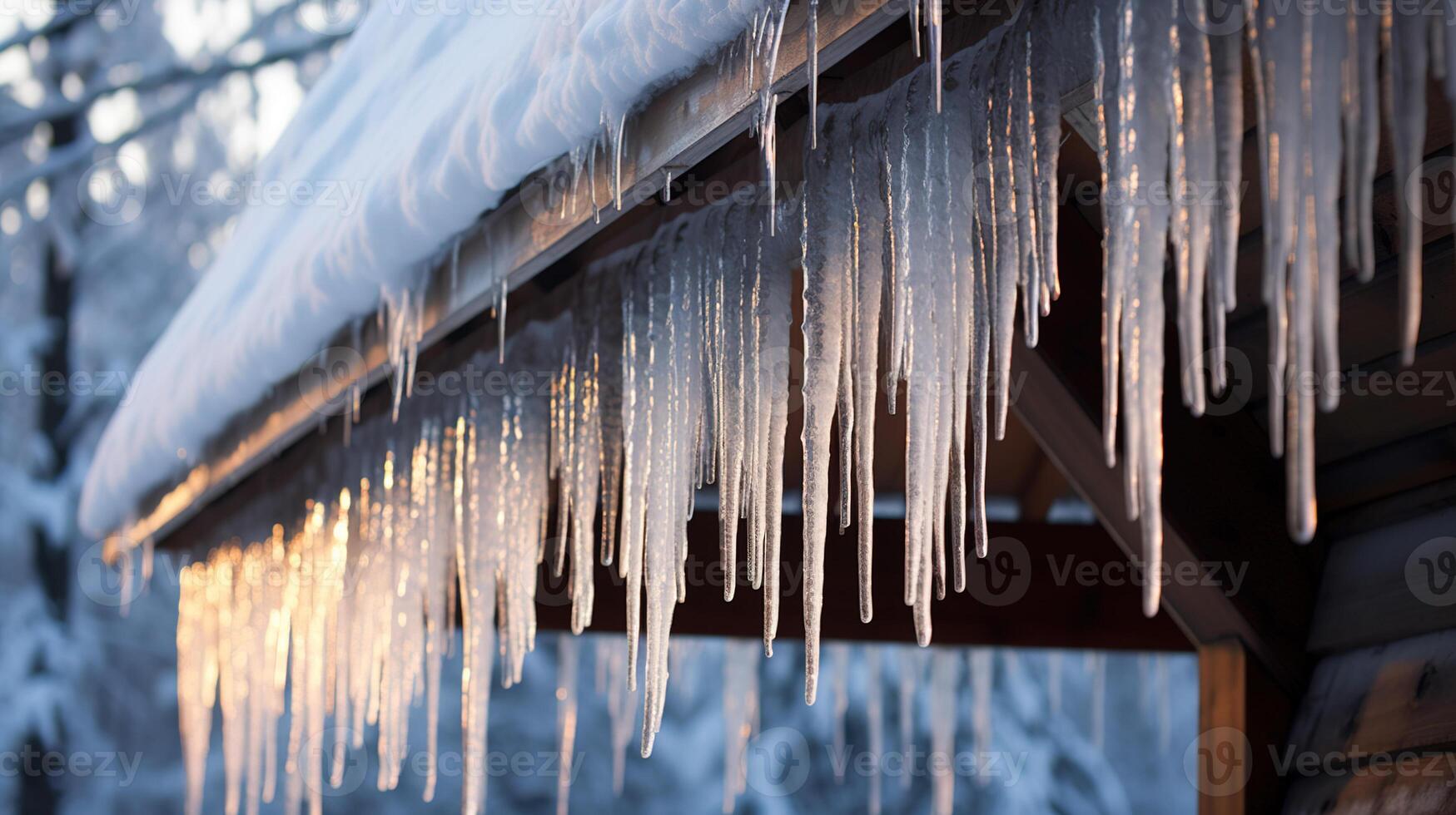 ai generato ghiaccioli tetto di il Casa. inverno sfondo con soleggiato mette in risalto. foto