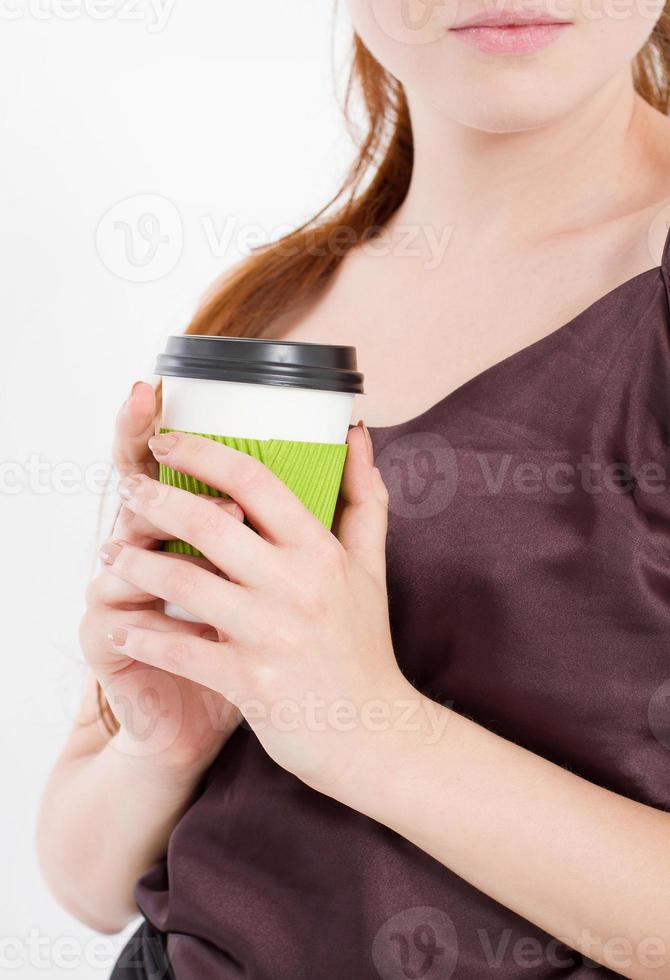 ragazza con caffè. bevanda mattutina.vista dall'alto. modello. copia spazio. modello. vuoto. foto