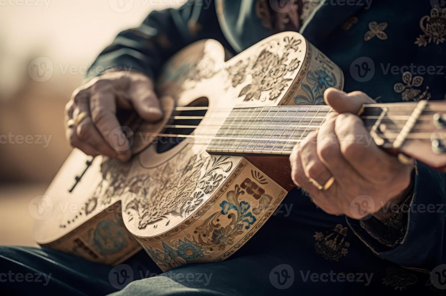 ai generato il più antico chitarra con adesivi. creare ai foto