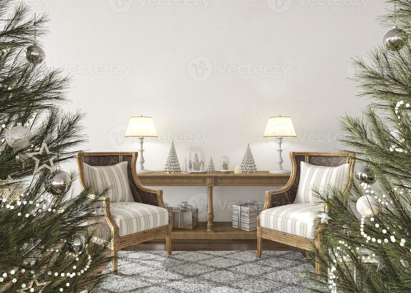 albero di natale decorato con giocattoli nel soggiorno interno scandinavo moderno. mockup muro bianco. illustrazione di rendering 3d di stile di fattoria. foto