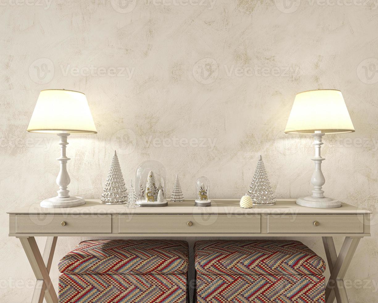 decorazioni natalizie e interni scandinavi moderni. mockup parete in stucco beige in una casa accogliente. illustrazione di rendering 3d di stile di fattoria. foto