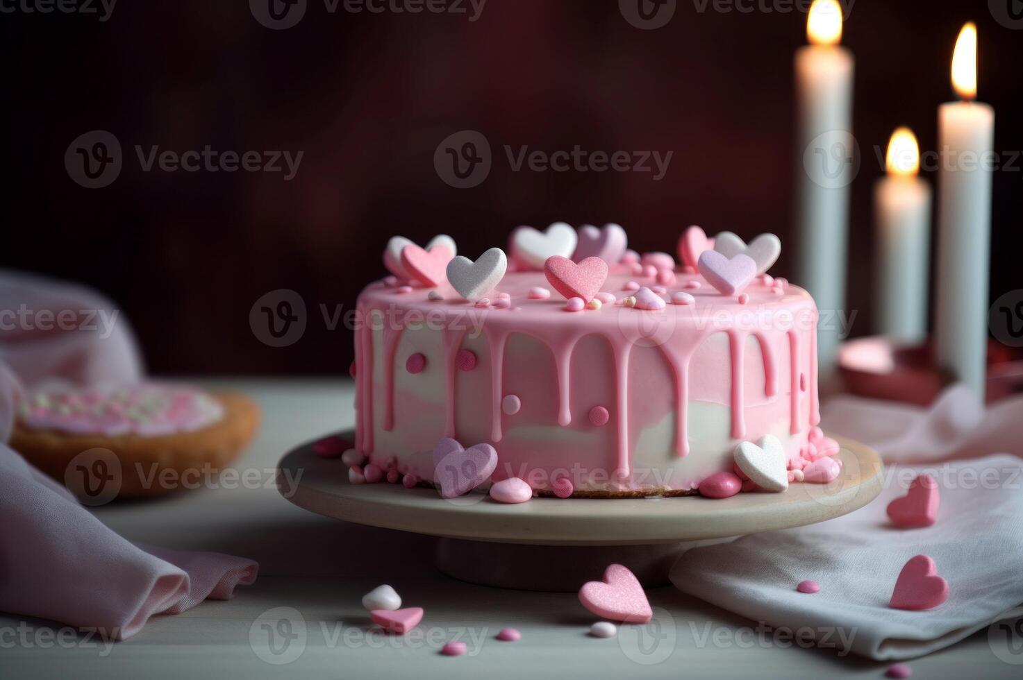ai generato rosa torta con cuori decorazioni. creare ai foto