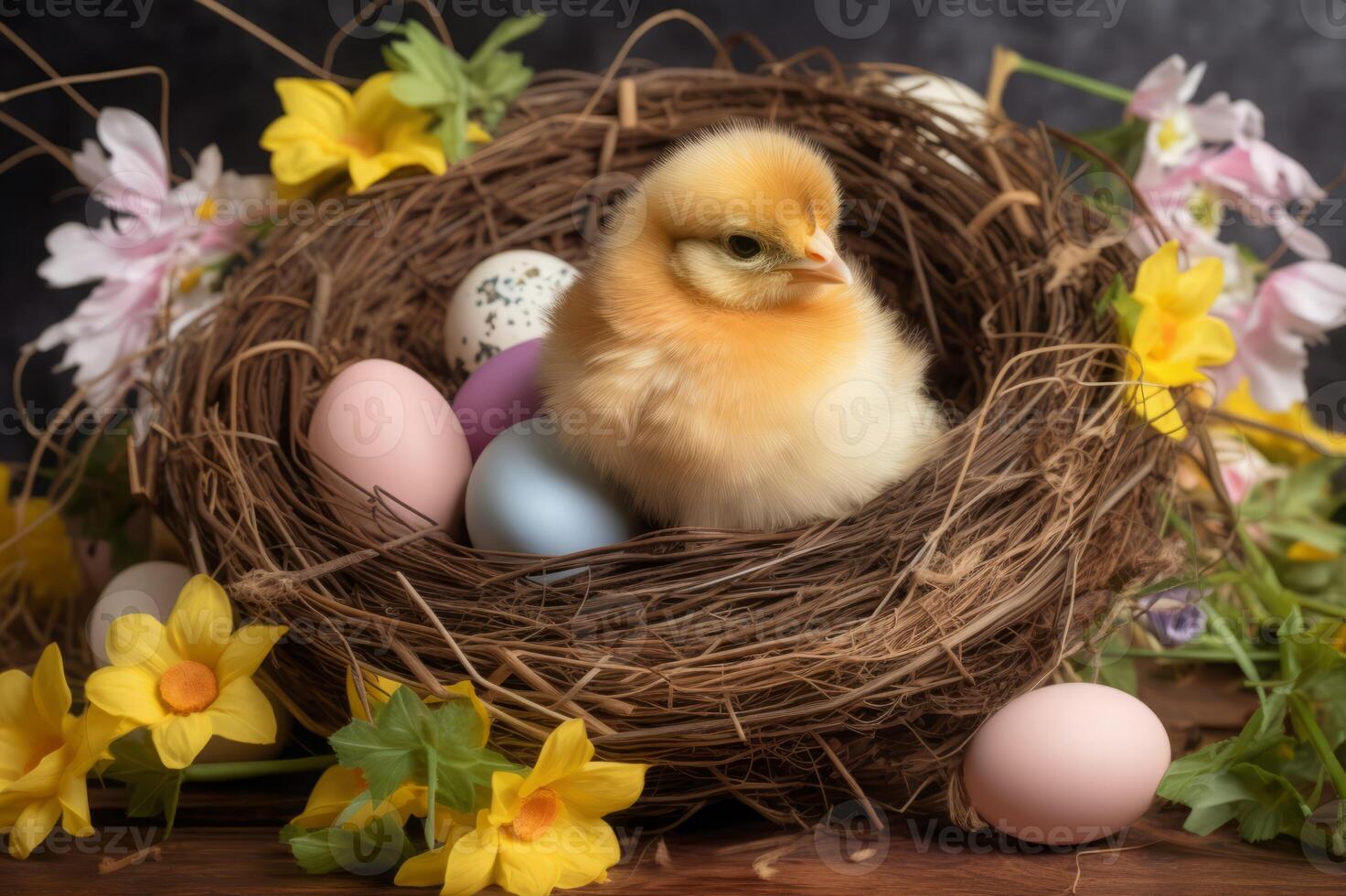 ai generato carino pulcino nel nido con pastello Pasqua uova. creare ai foto