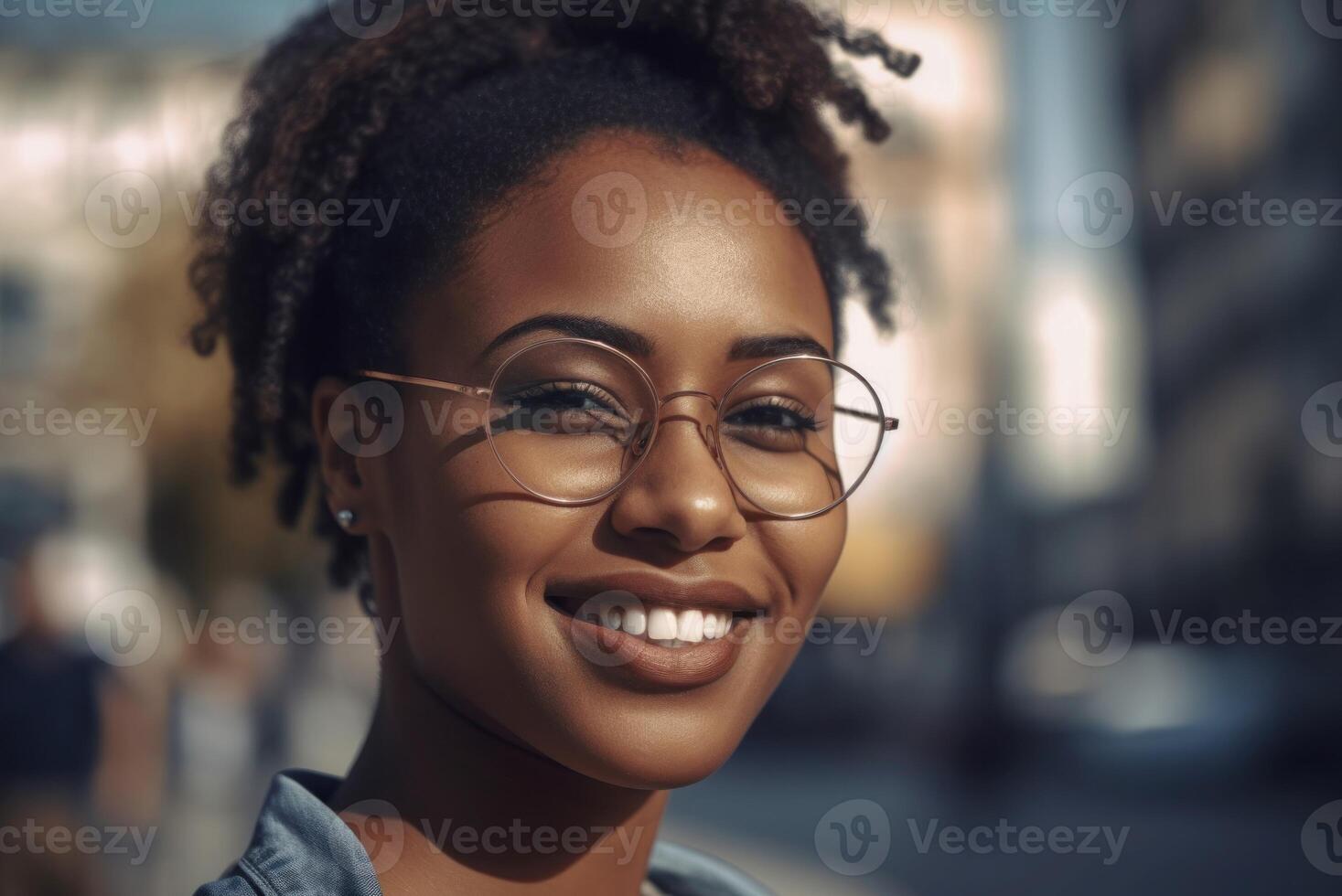 ai generato contento africano americano donna con bicchieri all'aperto ritratto. creare ai foto