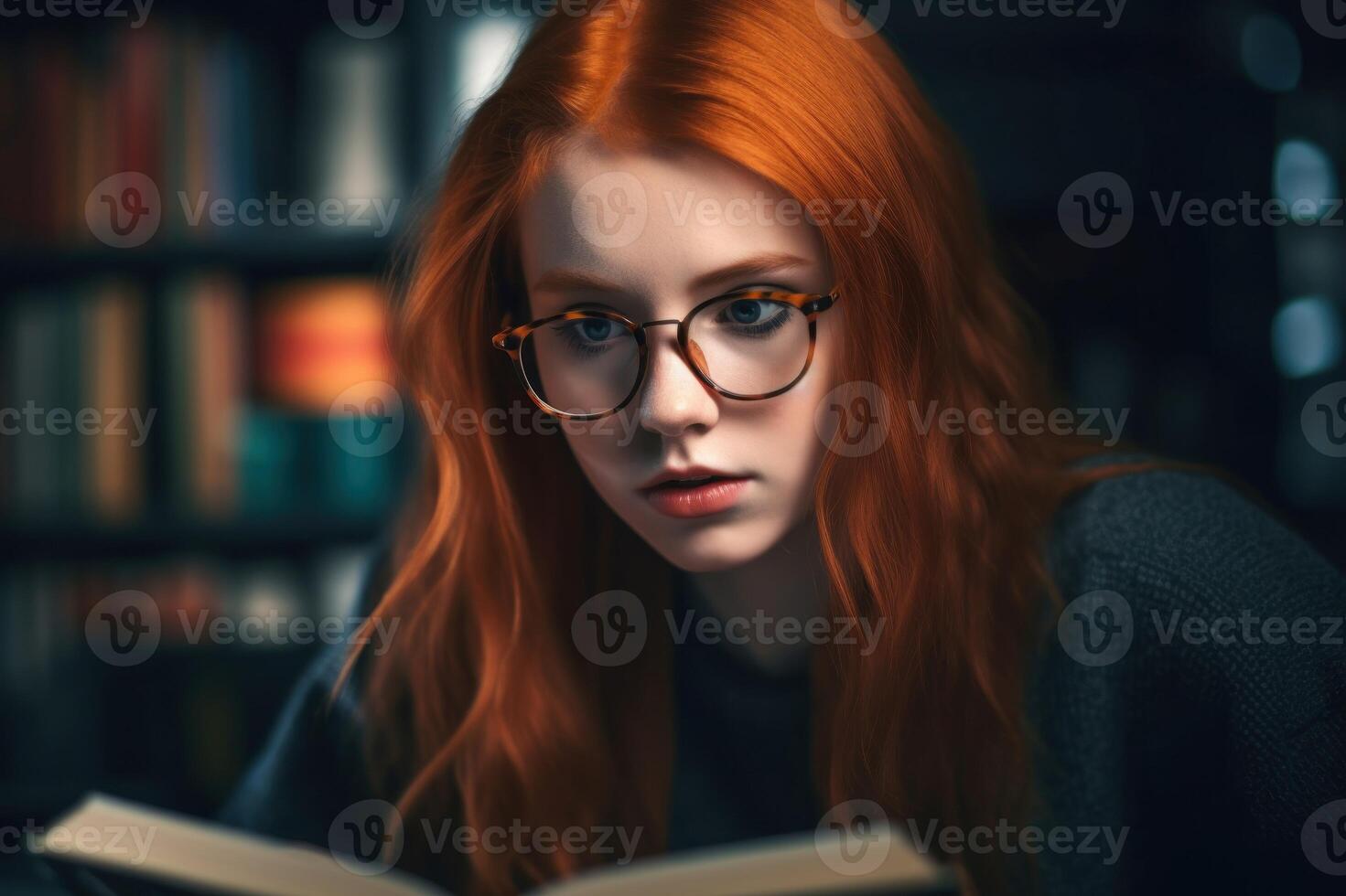 ai generato rosso dai capelli femmina con bicchieri nel biblioteca. creare ai foto