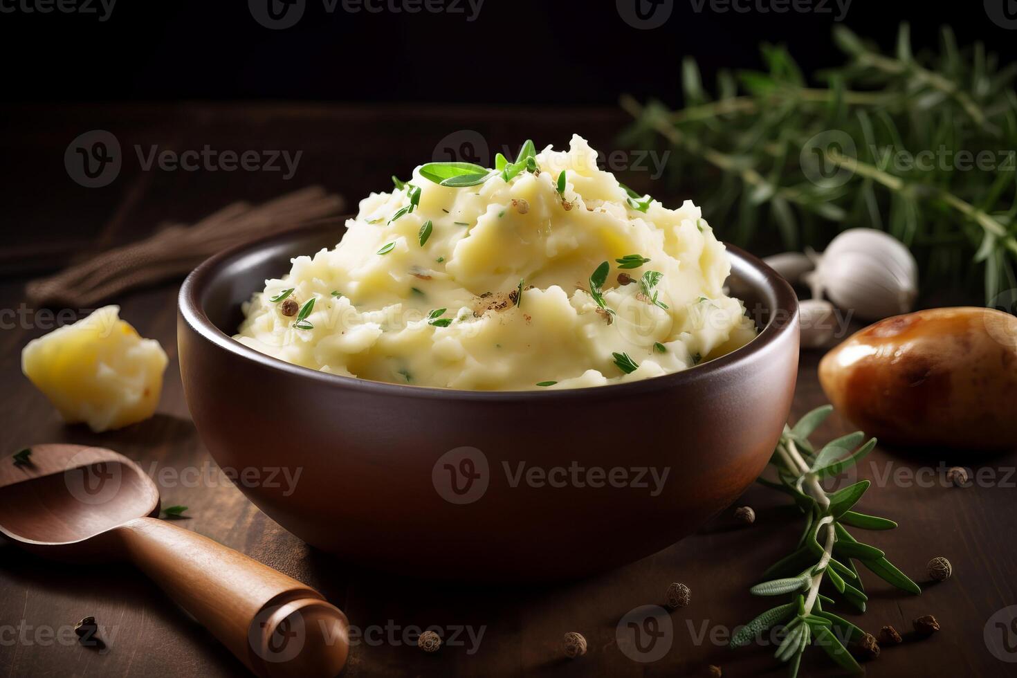 ai generato schiacciato patate con erbe aromatiche classico piatto. creare ai foto