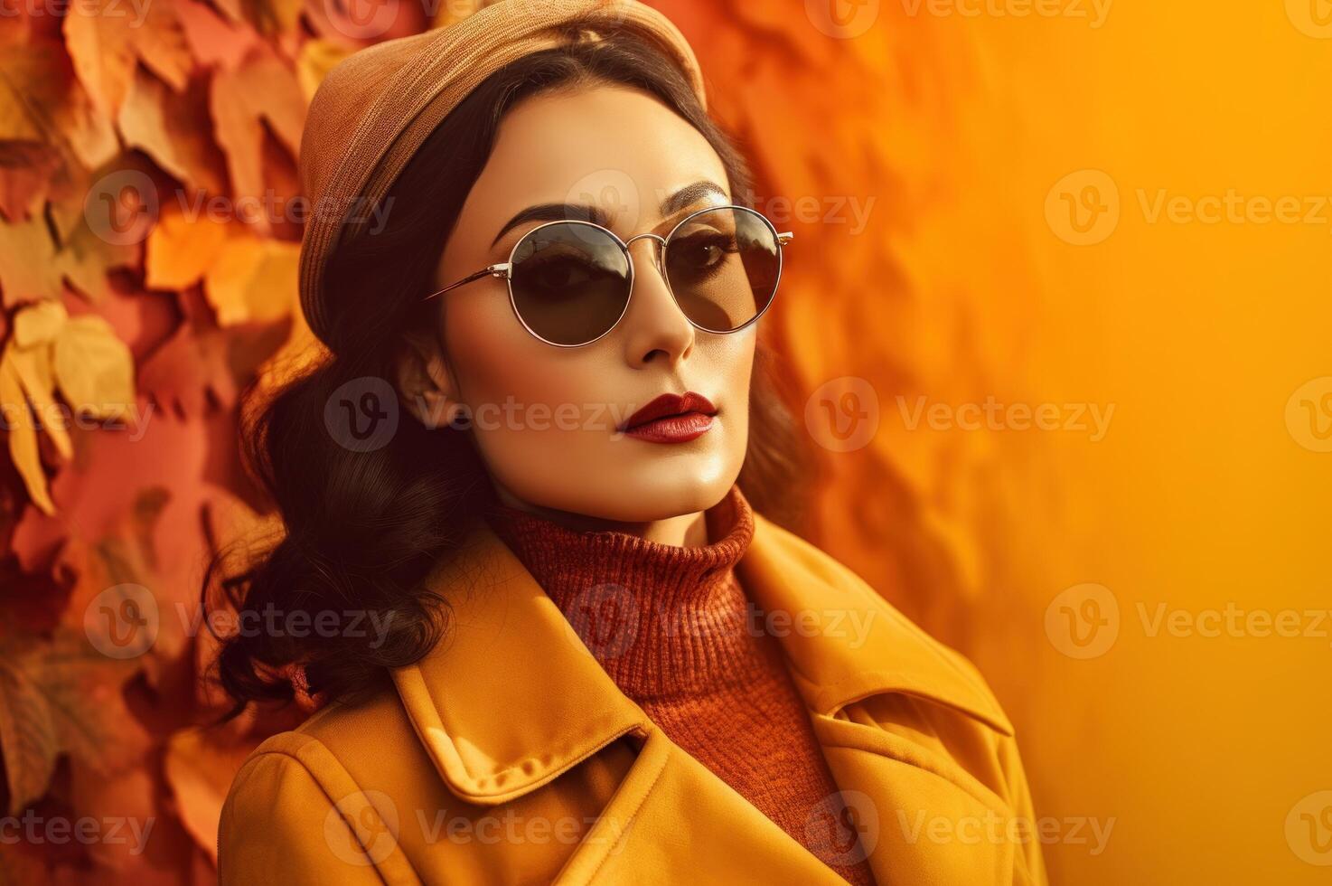 ai generato autunno autunno donna con occhiali da sole moda ritratto. creare ai foto