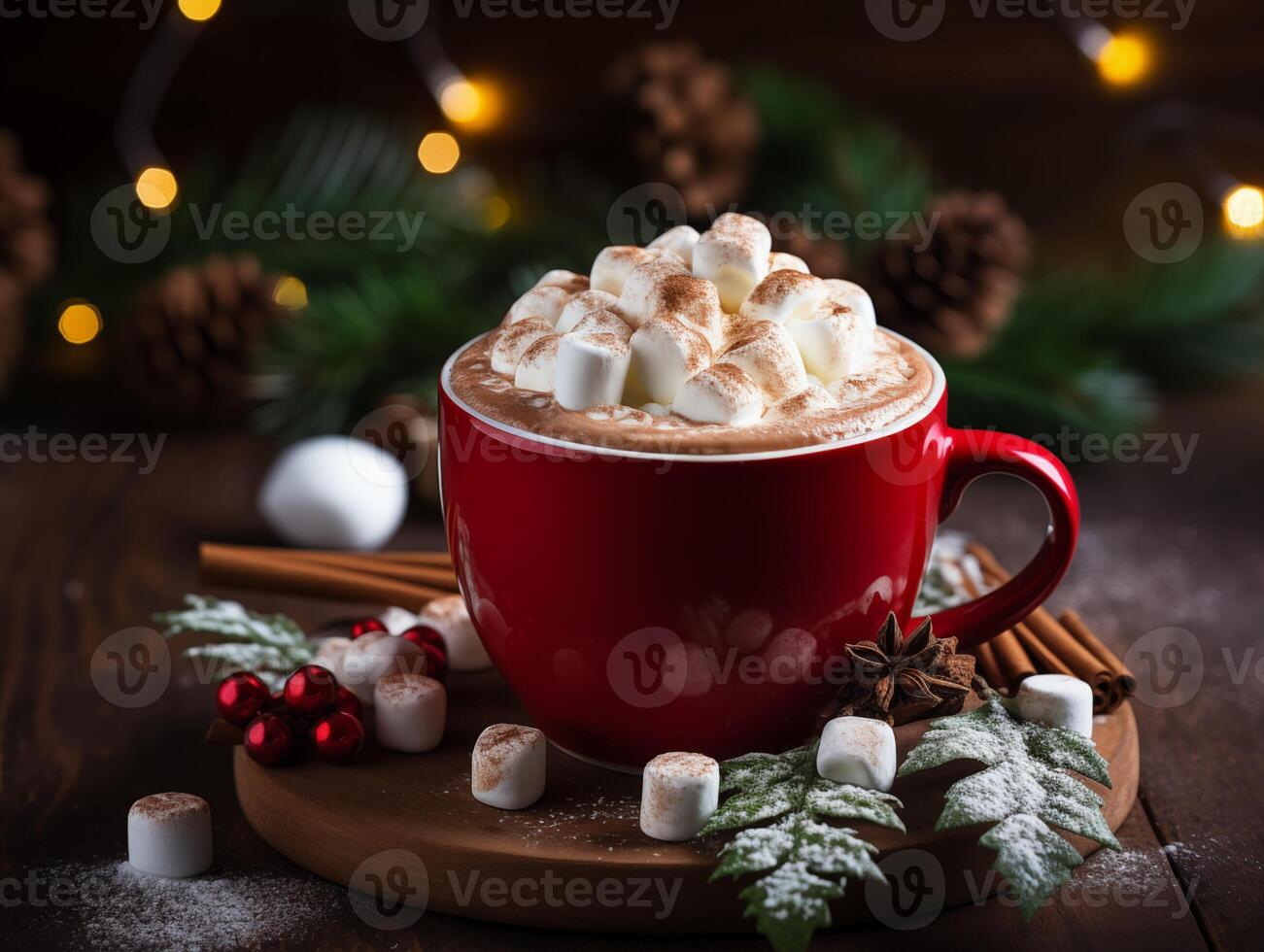 ai generato cioccolato caldo cacao nel boccale con marshmallows. Natale inverno decorazioni. accogliente inverno atmosfera foto