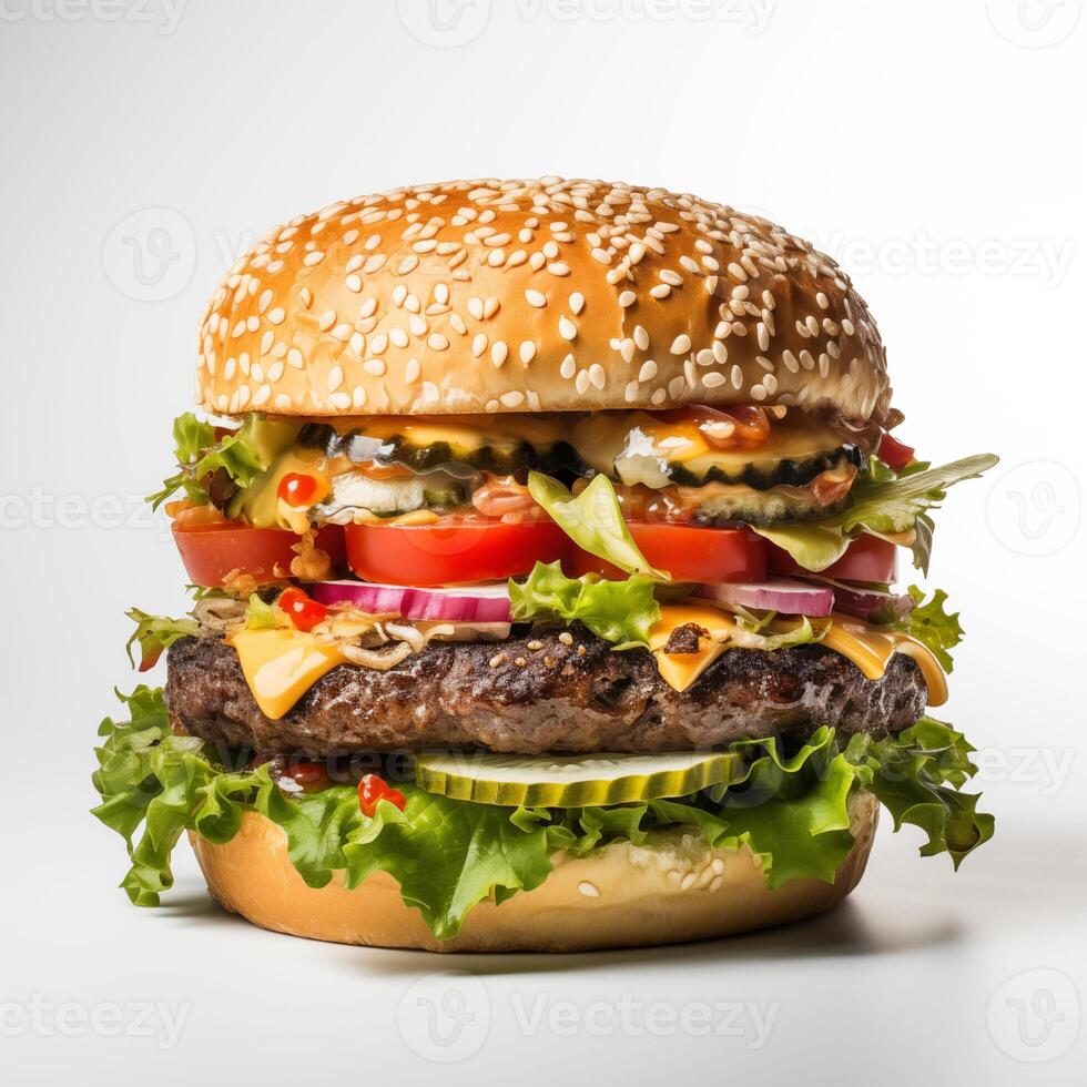 ai generato Doppio decker hamburger con tutti il classico fissaggi, Compreso lattuga, pomodoro, formaggio, e condimenti. gustoso hamburger isolted su bianca sfondo. striscione, movimento, menù foto