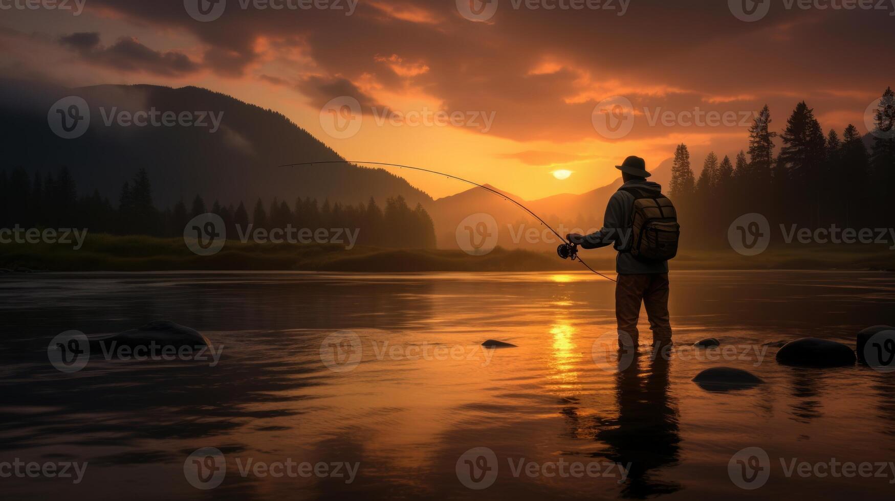 ai generato pescatore vicino il fiume a tramonto. neurale Rete ai generato foto