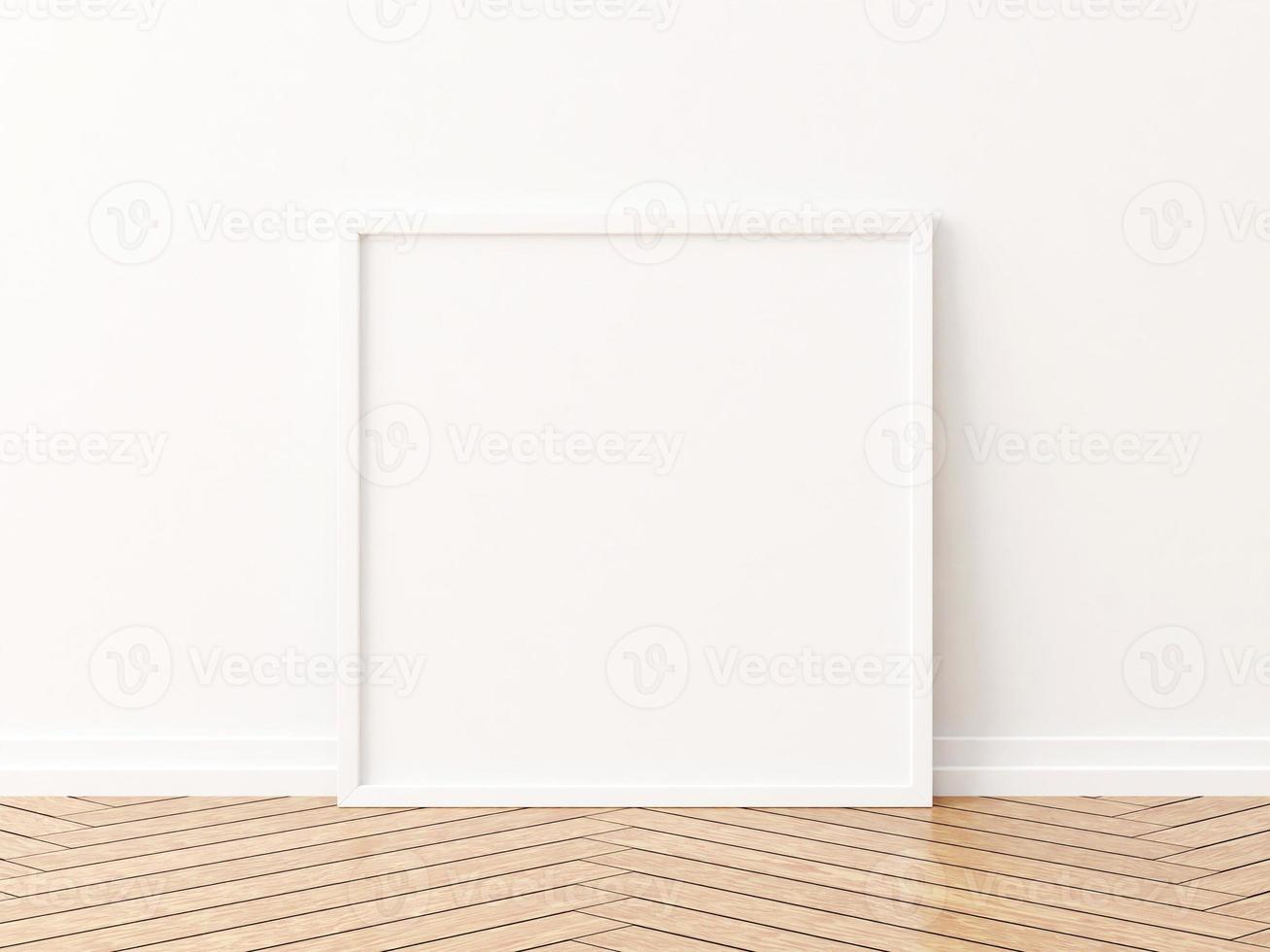 mockup di cornice quadrata bianca sul pavimento in legno. rendering 3D. foto