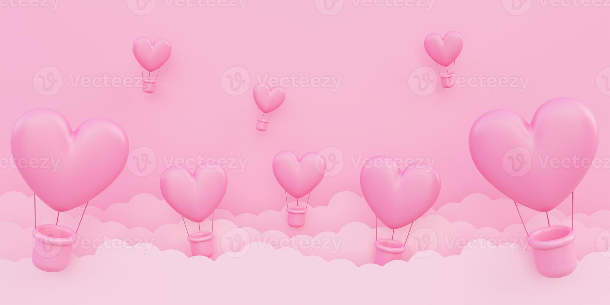 San Valentino, sfondo del concetto di amore, mongolfiere rosa a forma di cuore 3d che volano nel cielo con nuvole di carta foto