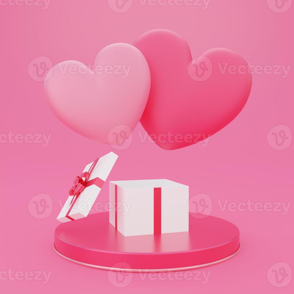 giorno di san valentino, sfondo del concetto di amore, confezione regalo aperta 3d su podio rotondo con forma di cuore rosa foto