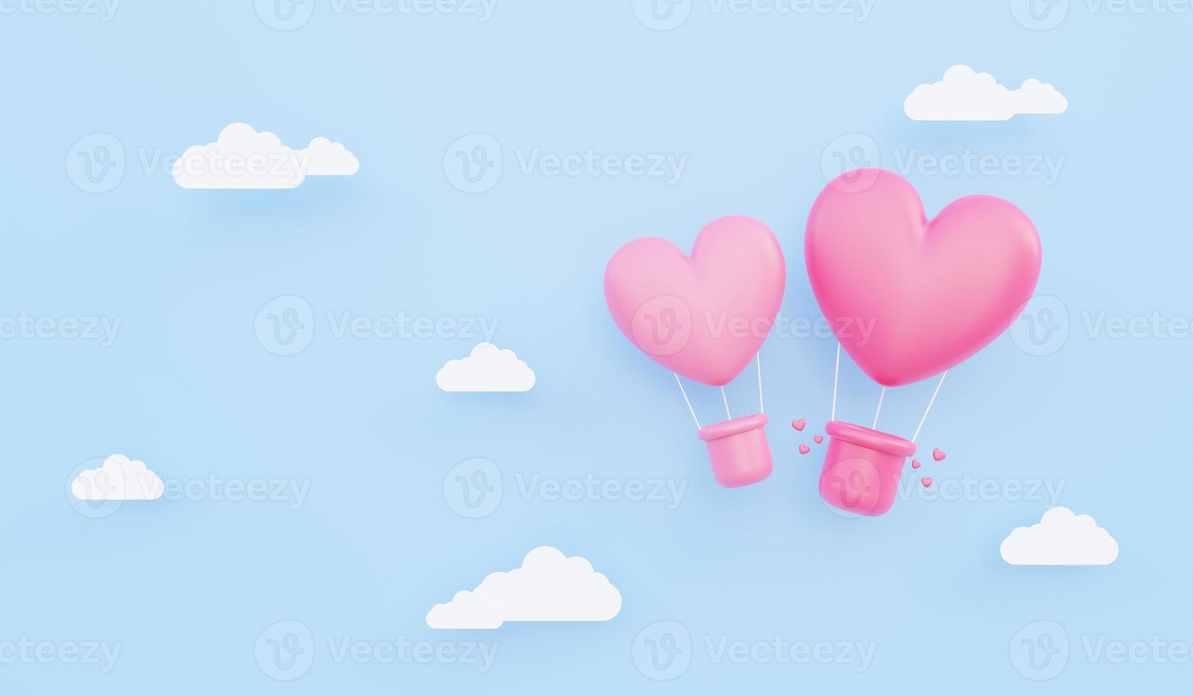 il giorno di san valentino, sfondo del concetto di amore, illustrazione 3d di mongolfiere rosa a forma di cuore che galleggiano nel cielo foto