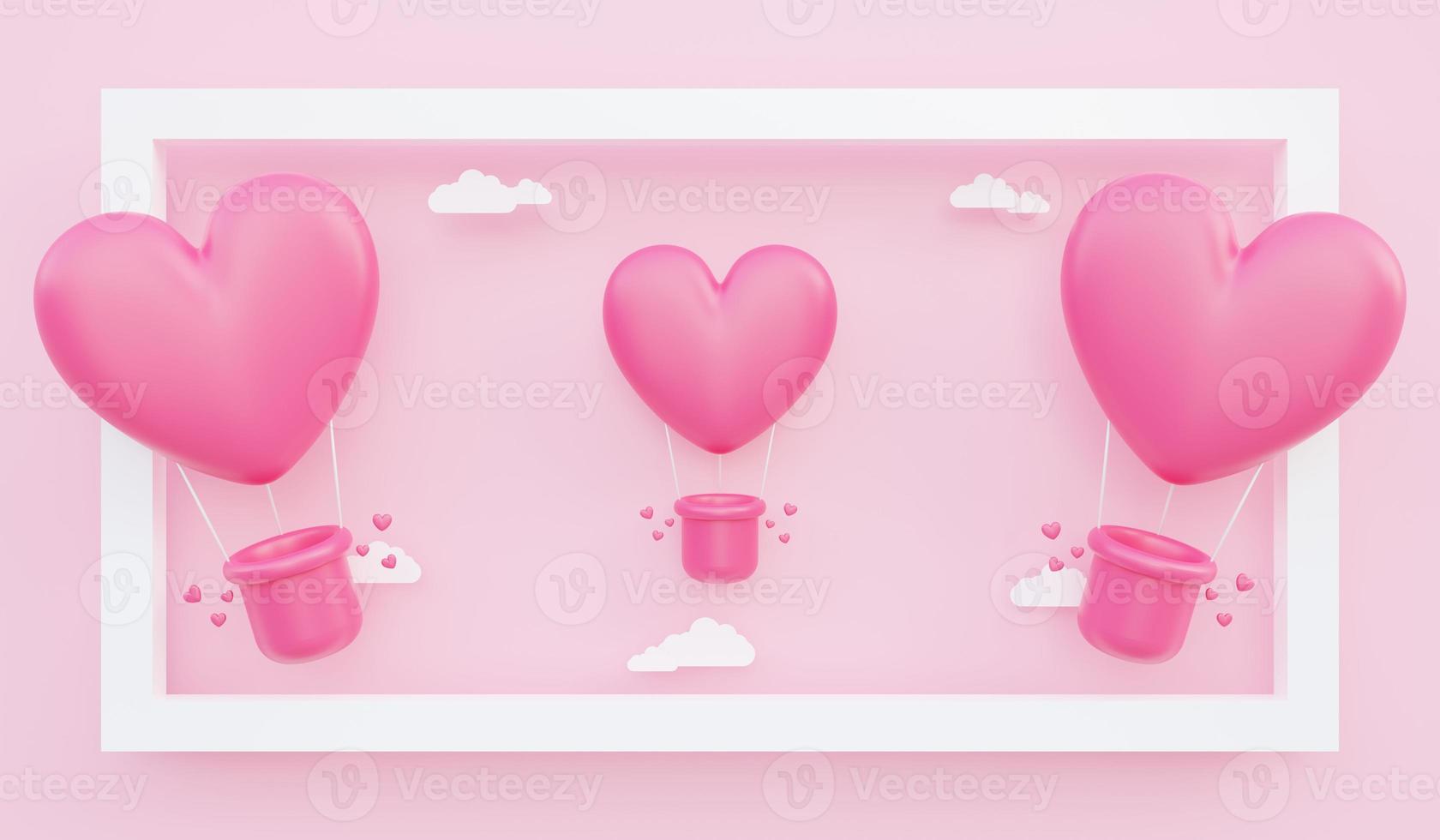 il giorno di san valentino, illustrazione 3d di mongolfiere rosa a forma di cuore che galleggiano fuori dalla cornice con nuvole di carta foto