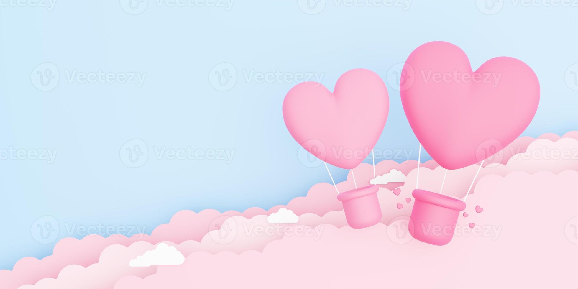 il giorno di san valentino, illustrazione 3d di mongolfiere rosa a forma di cuore che galleggiano nel cielo con nuvole di carta foto