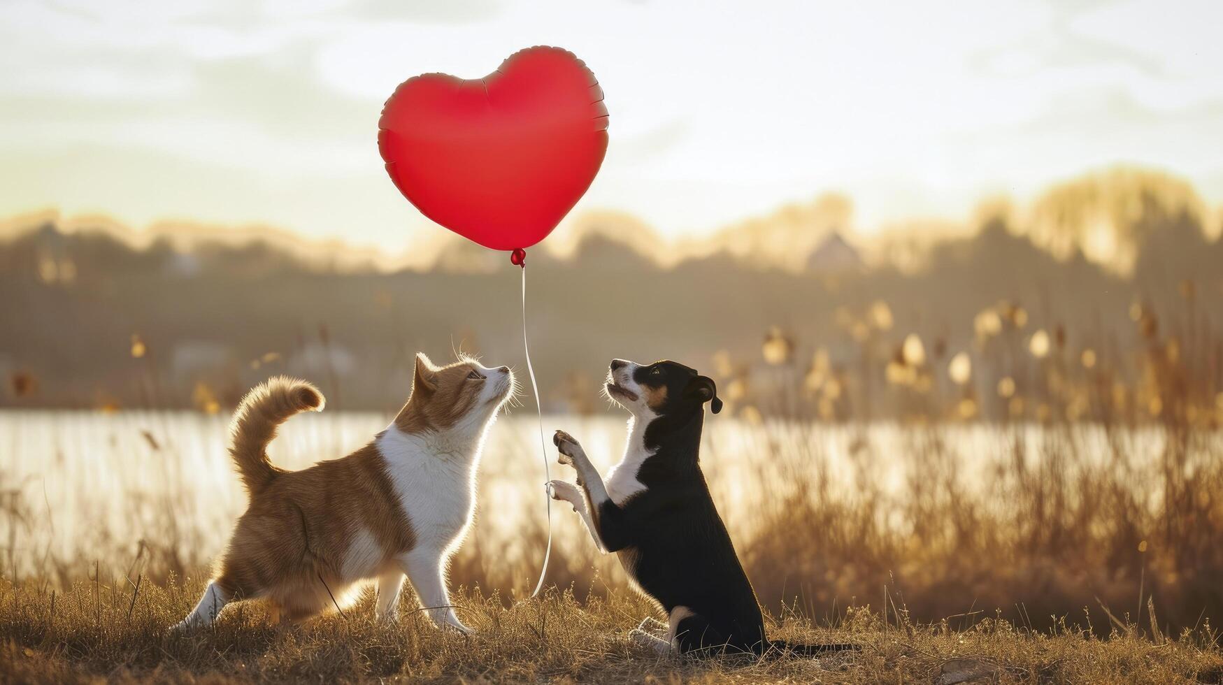 ai generato Due cane e cuore forma palloncini foto
