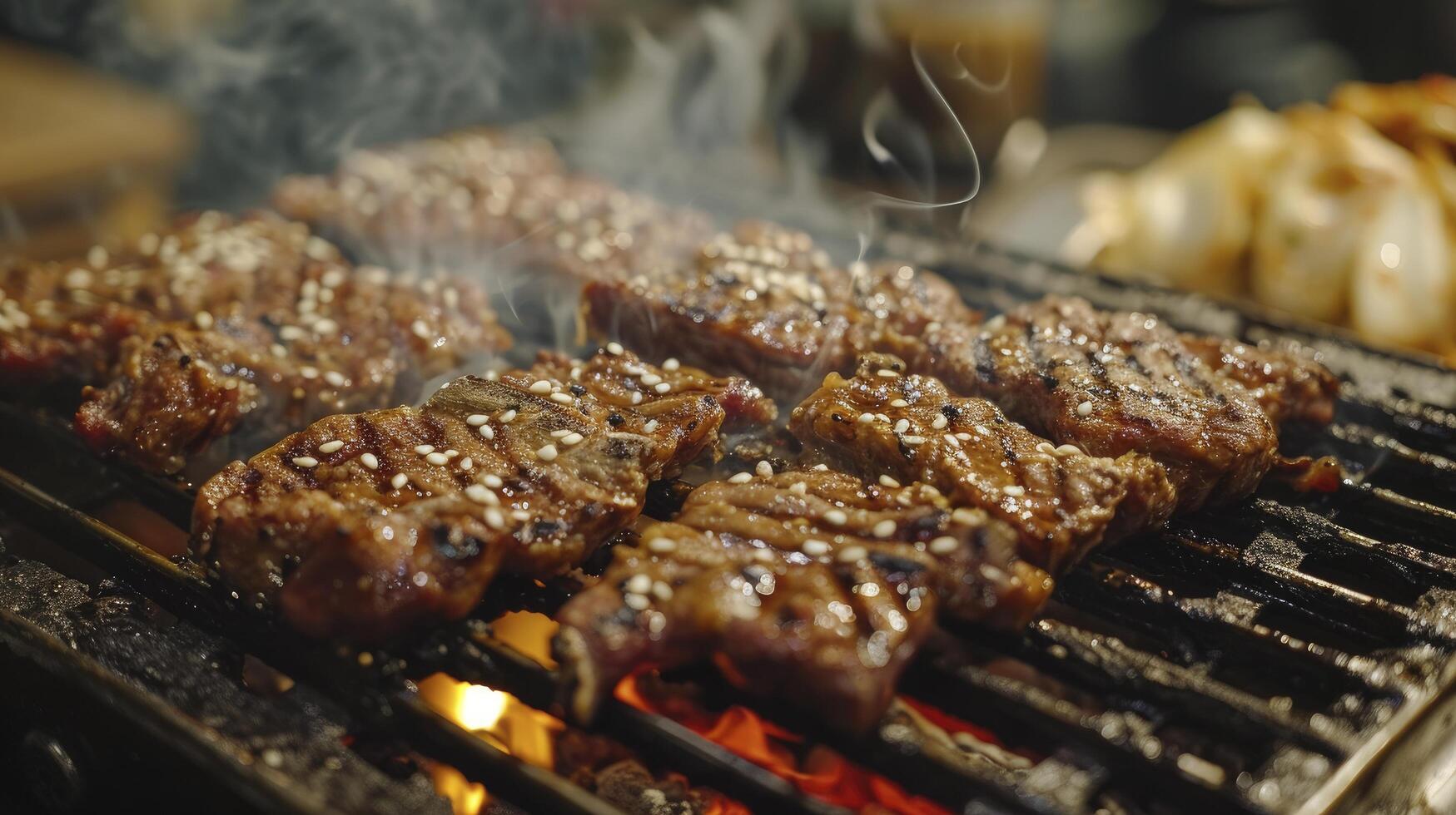 ai generato un' griglia con carne essere cucinato su superiore foto