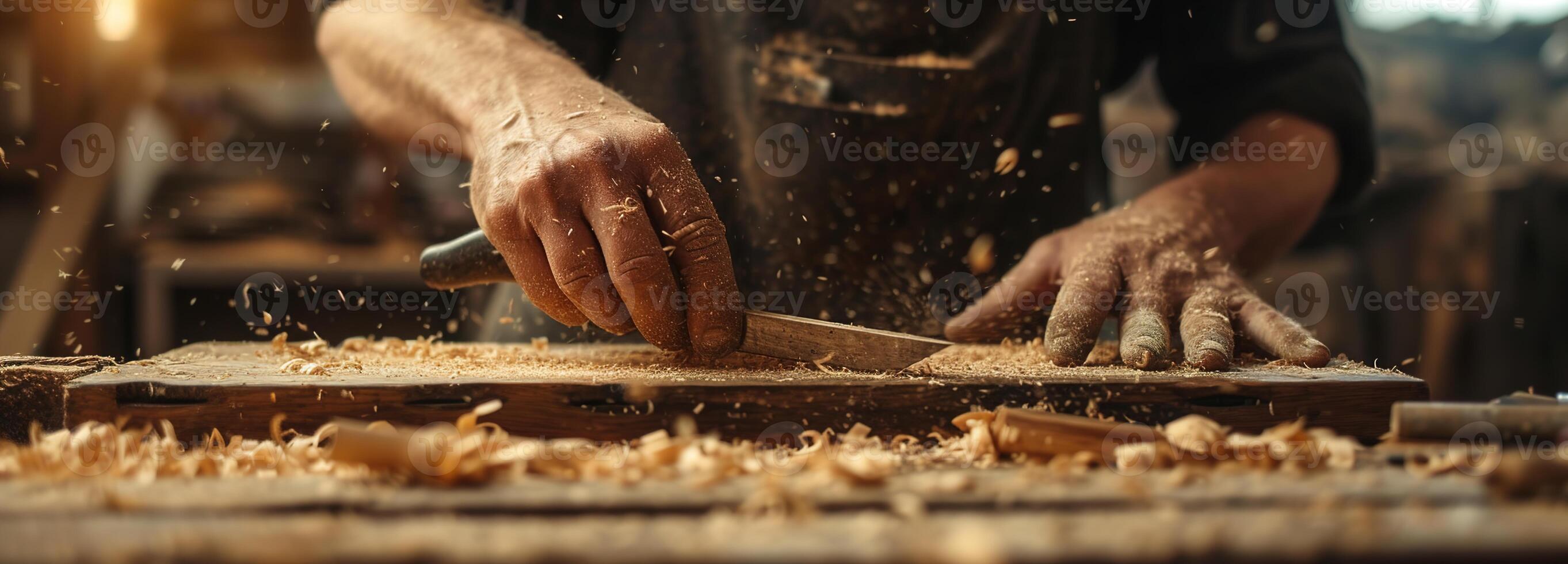 ai generato operatore di parole, artigianato, delicato lavoro manuale nel sculture in legno catturato nel il caldo splendore di pomeriggio leggero entro un' tradizionale laboratorio foto