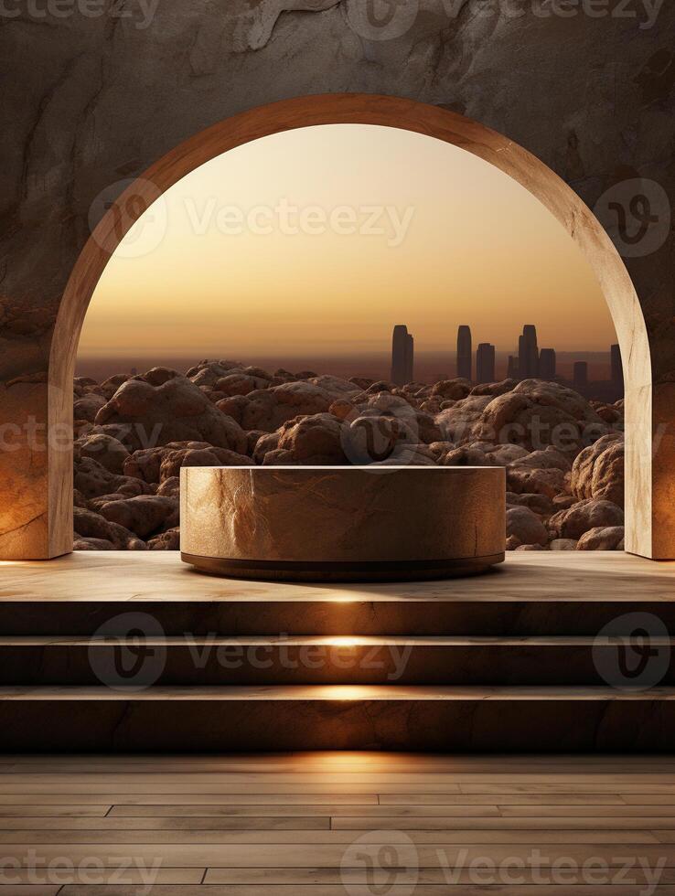 ai generato un interno con un' deserto e pietra paesaggio attraverso il islamico arcata con un' Prodotto Schermo podio e palcoscenico foto