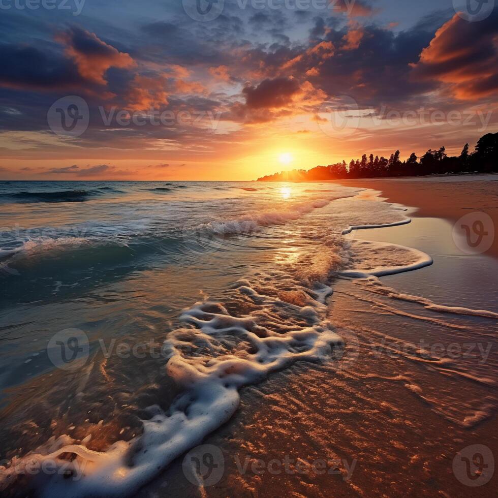 ai generato paesaggio con mare tramonto su spiaggia foto