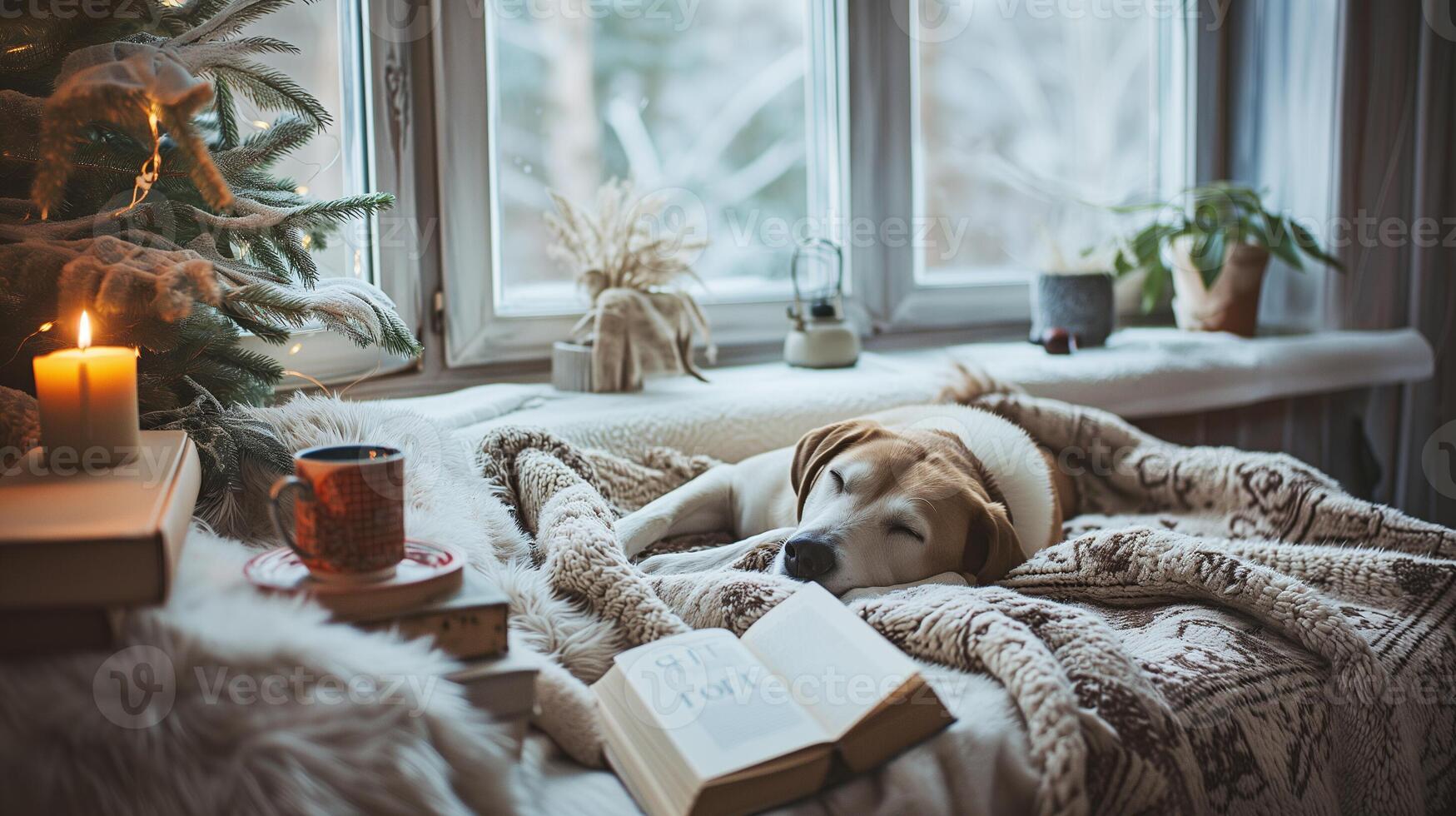 ai generato accogliente inverno casa con cane addormentato su letto su caldo lenzuolo, libro e tazza di tè. autentico Casa interno. foto