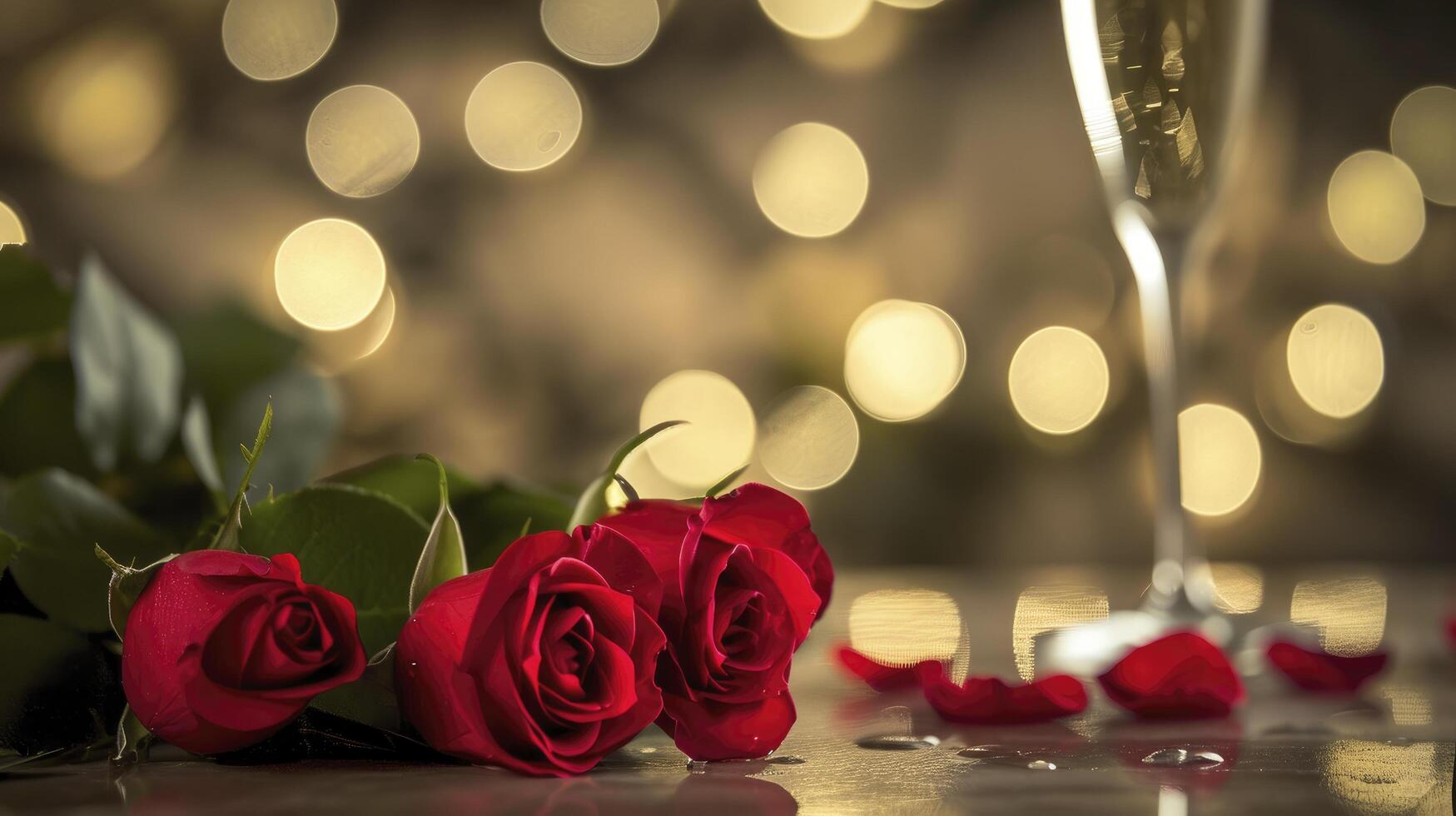 ai generato san valentino giorno rosso Rose su tavolo con Champagne, nel il stile di bokeh foto