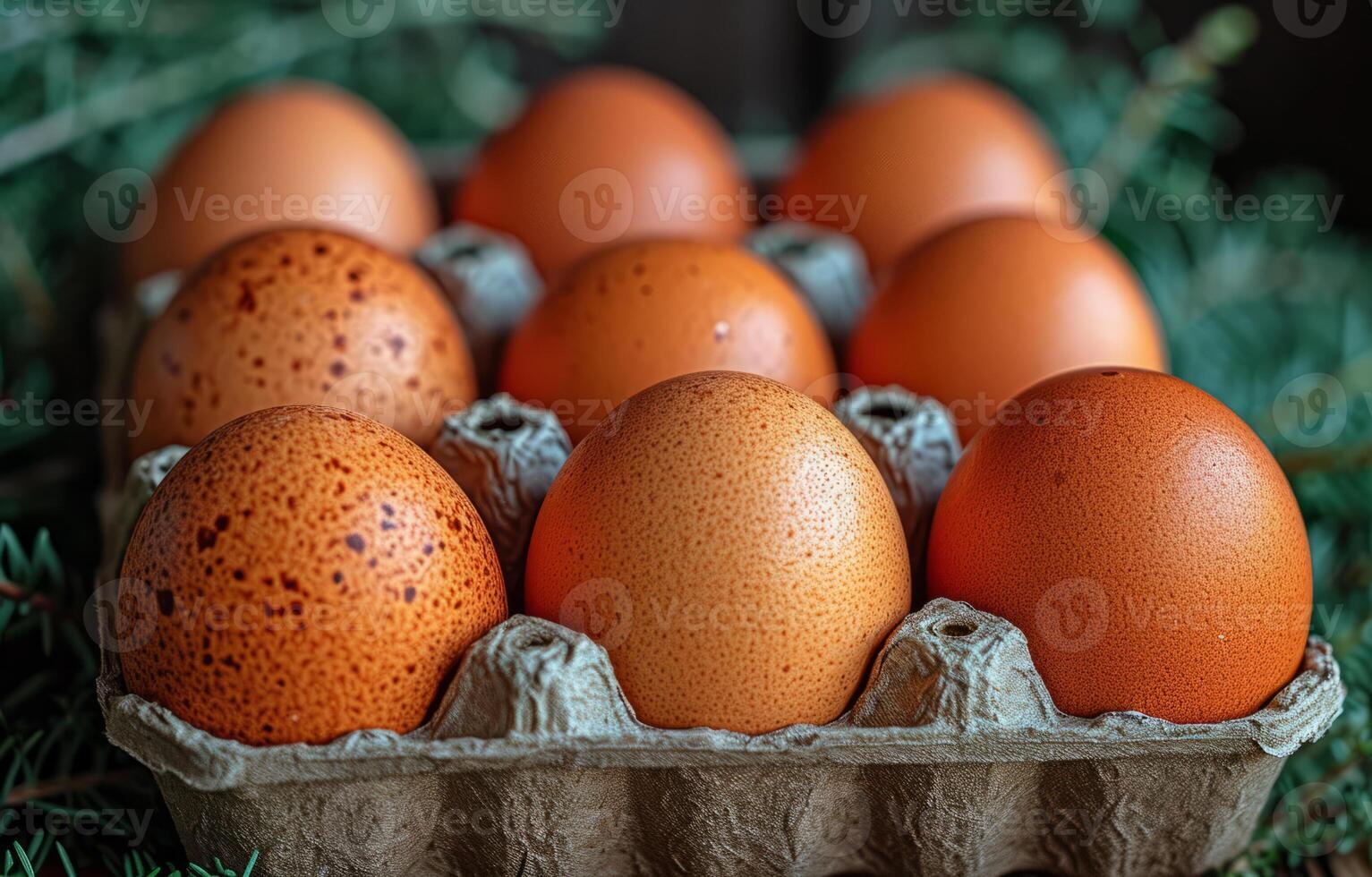 ai generato un' nero Astuccio è pieno di viziato Marrone uovo. un' scatola di cartone di uova si siede su superiore di un' tavolo, pronto per essere Usato per cucinando o cottura al forno. foto